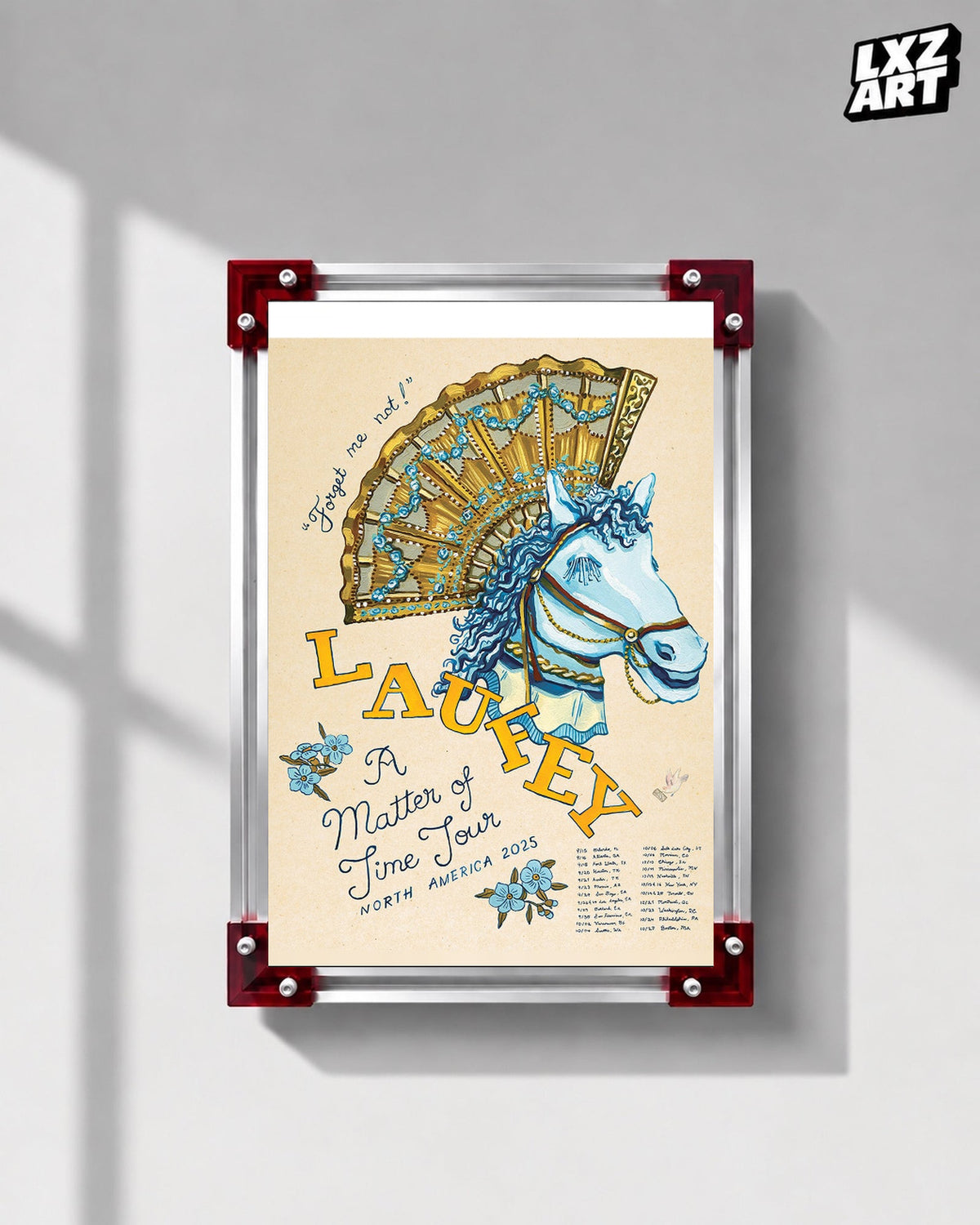 Laufey A Matter of Time North America Carousel Tour Poster displayed on a gray wall in a red corner frame; unframed print, frame not included