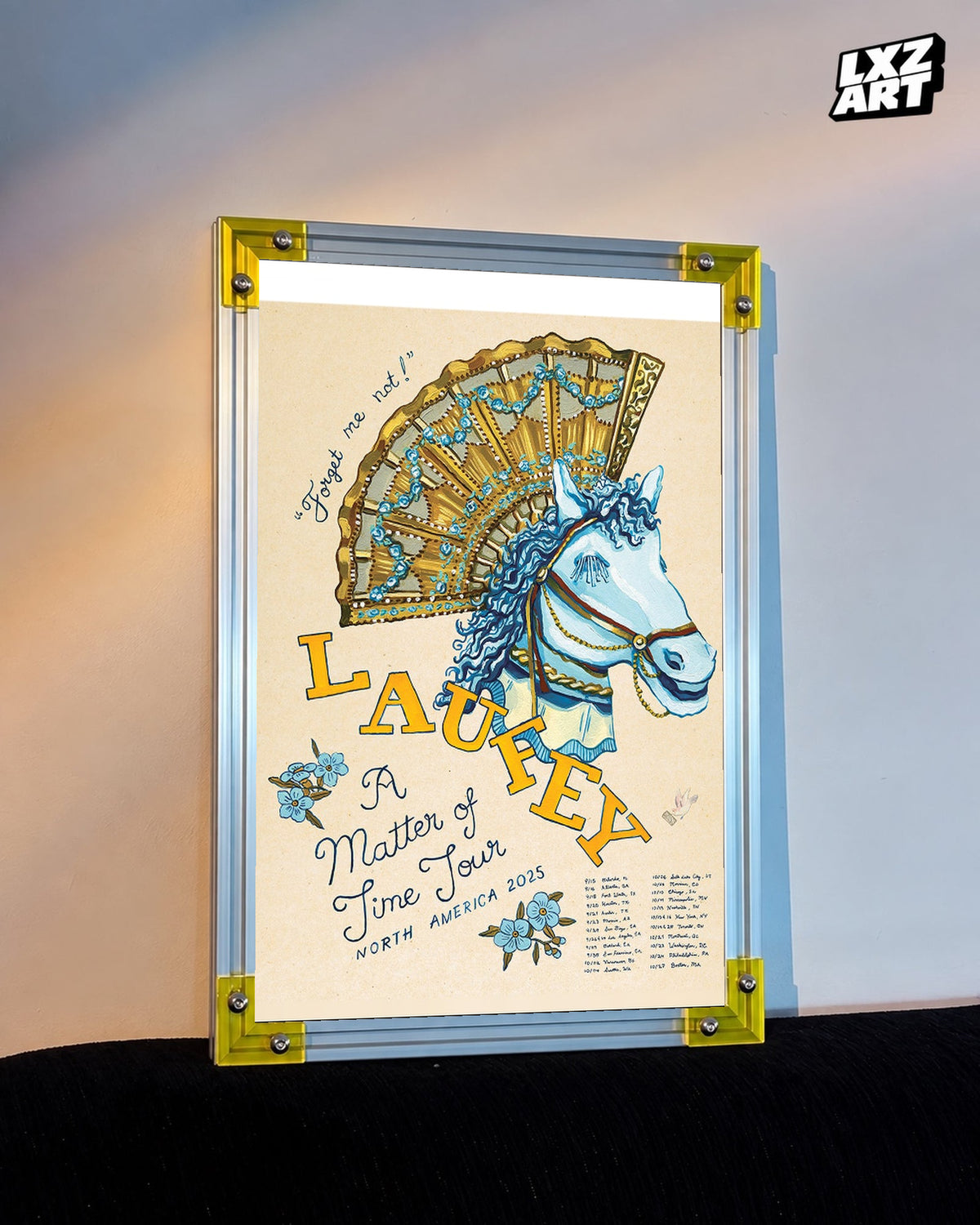 Laufey A Matter of Time North America Carousel Tour Poster displayed on a warm wall in a yellow corner frame; unframed print, frame not included