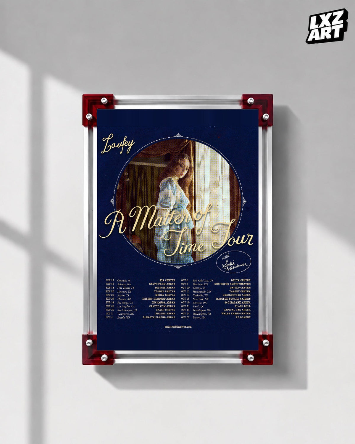 Laufey A Matter of Time Tour Navy Portrait Poster displayed on a gray wall in a red corner frame; unframed print, frame not included