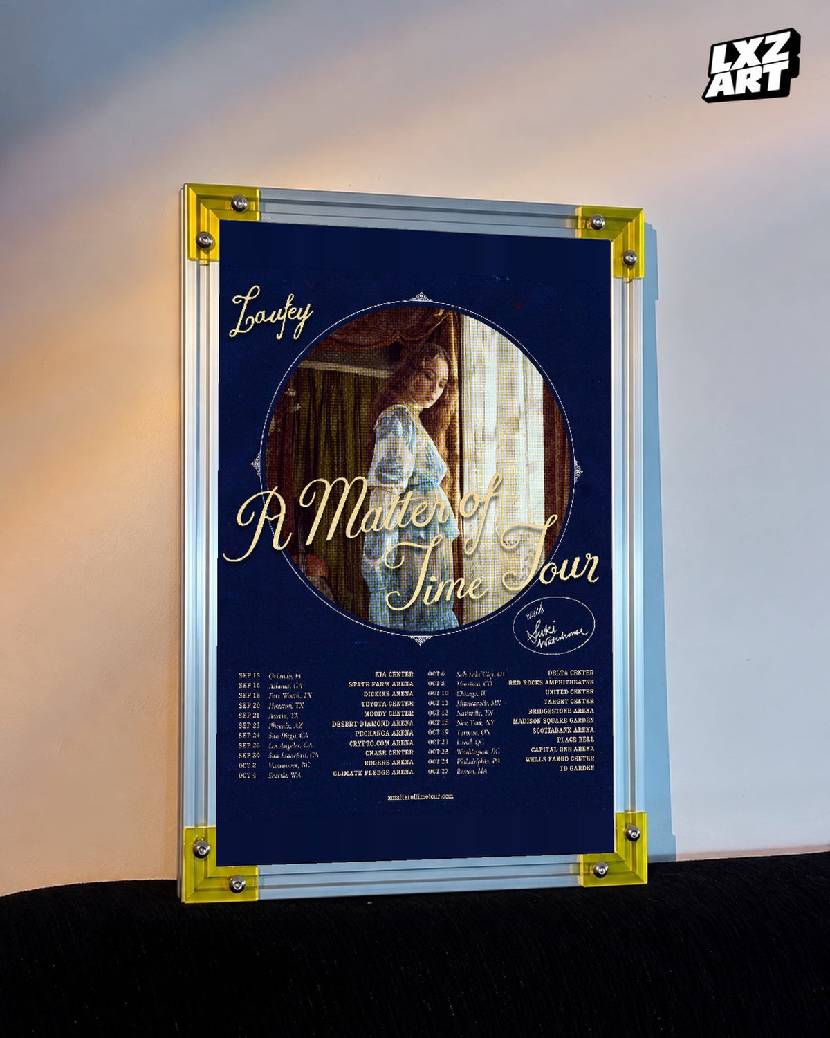 Laufey A Matter of Time Tour Navy Portrait Poster displayed on a warm wall in a yellow corner frame; unframed print, frame not included