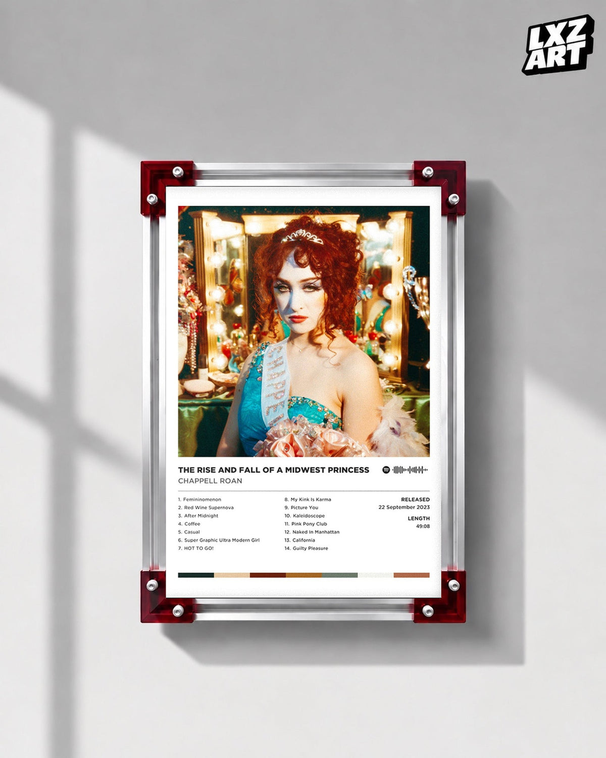 Chappell Roan Midwest Princess Pageant Tracklist Poster displayed on a gray wall in a red corner frame; unframed print, frame not included