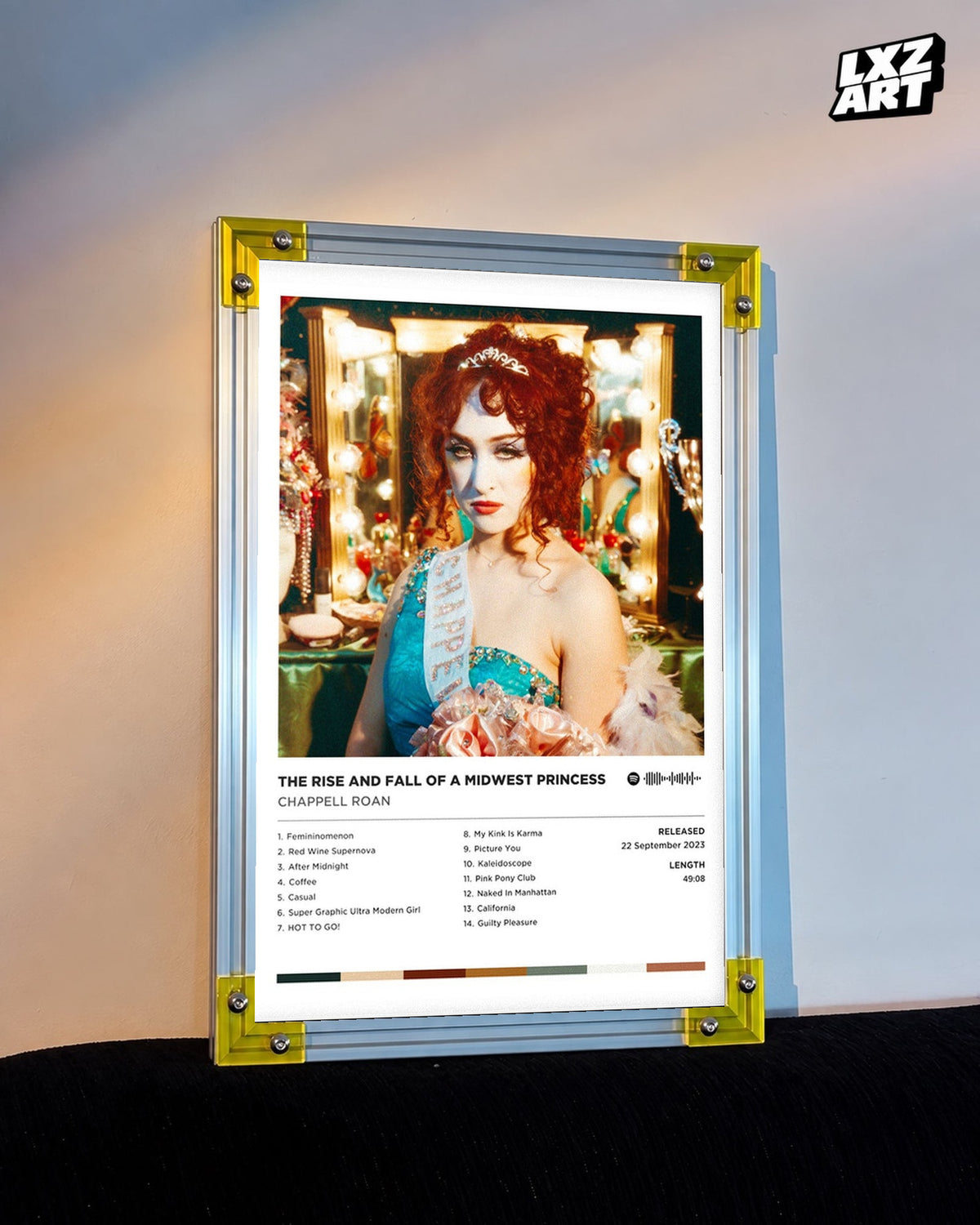 Chappell Roan Midwest Princess Pageant Tracklist Poster displayed on a warm wall in a yellow corner frame; unframed print, frame not included