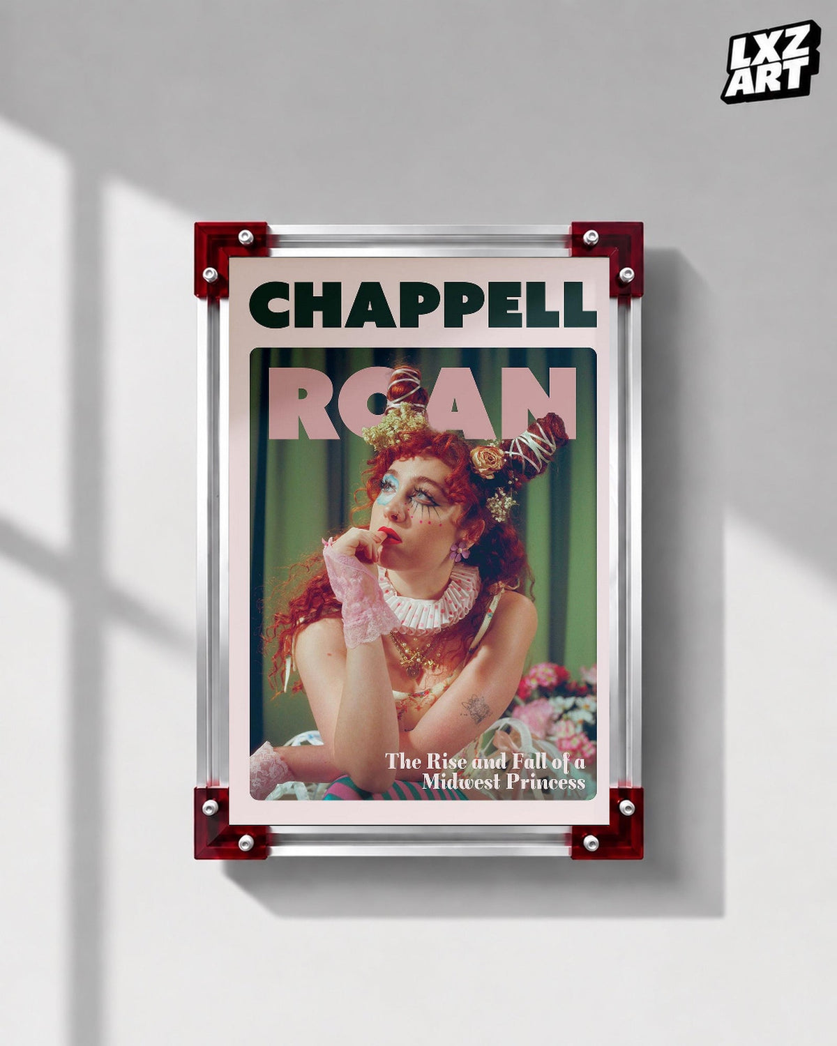Chappell Roan Midwest Princess Pink Portrait Poster displayed on a gray wall in a red corner frame; unframed print, frame not included