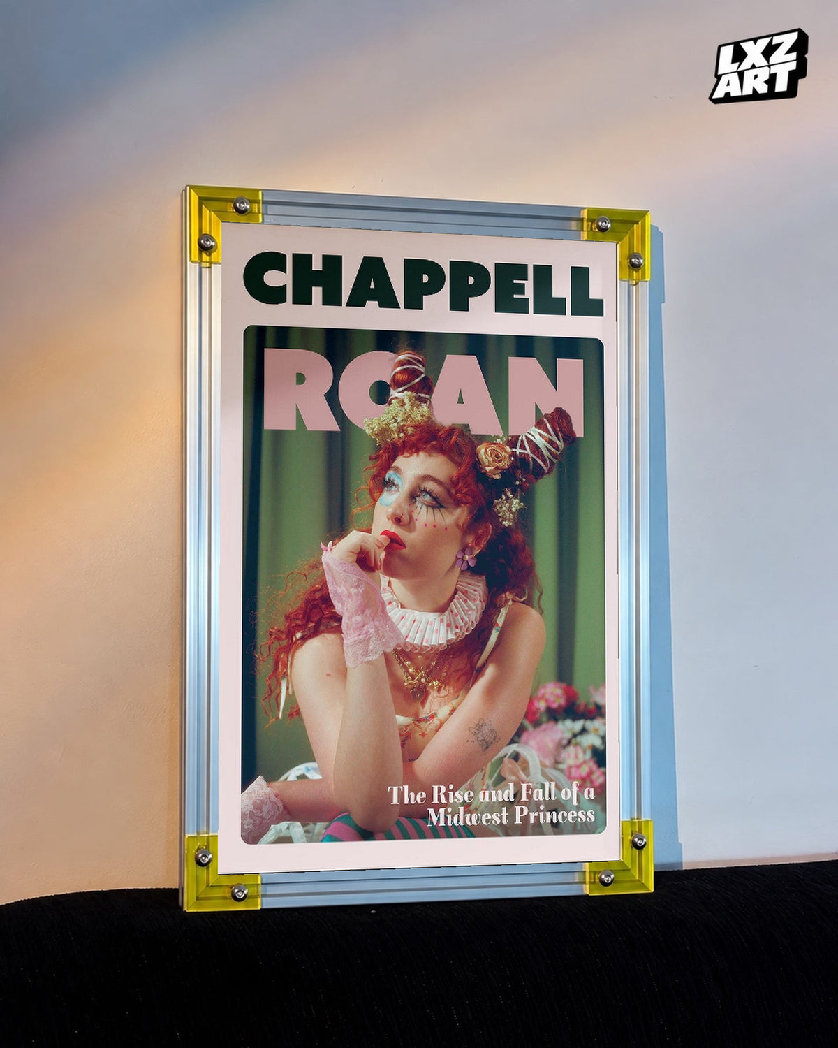 Chappell Roan Midwest Princess Pink Portrait Poster displayed on a warm wall in a yellow corner frame; unframed print, frame not included