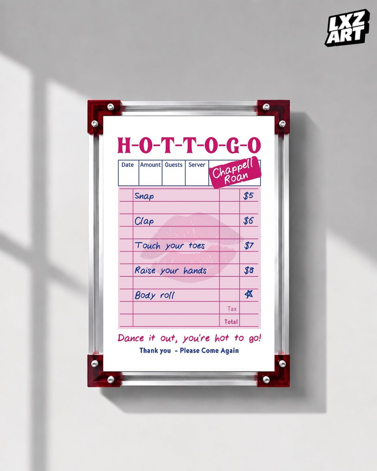 Chappell Roan Hot To Go Pink Receipt Illustration Poster displayed on a gray wall in a red corner frame; unframed print, frame not included