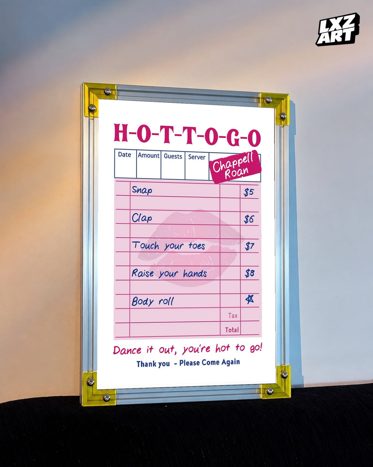 Chappell Roan Hot To Go Pink Receipt Illustration Poster displayed on a warm wall in a yellow corner frame; unframed print, frame not included