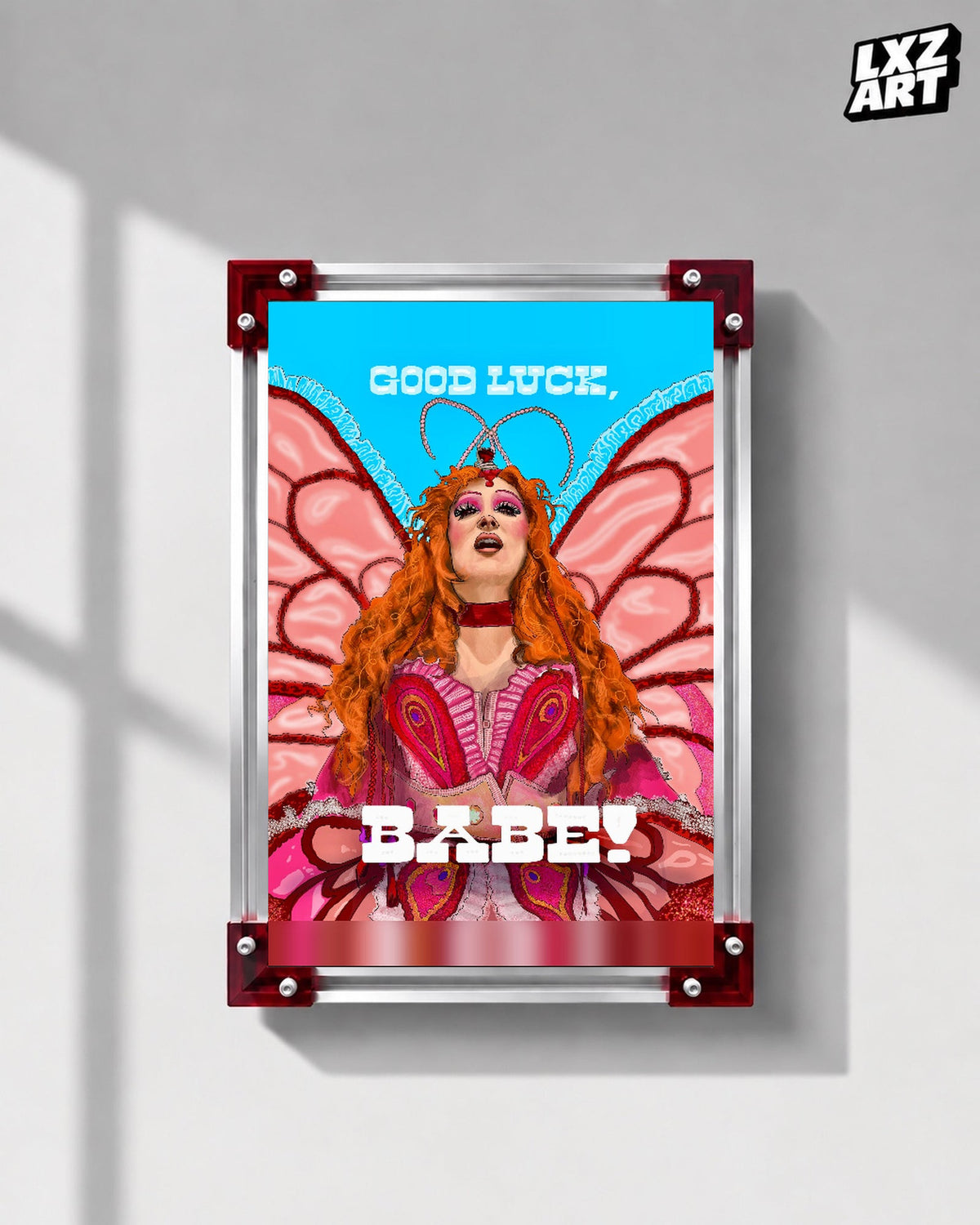 Chappell Roan Good Luck Babe Butterfly Portrait Poster displayed on a gray wall in a red corner frame; unframed print, frame not included