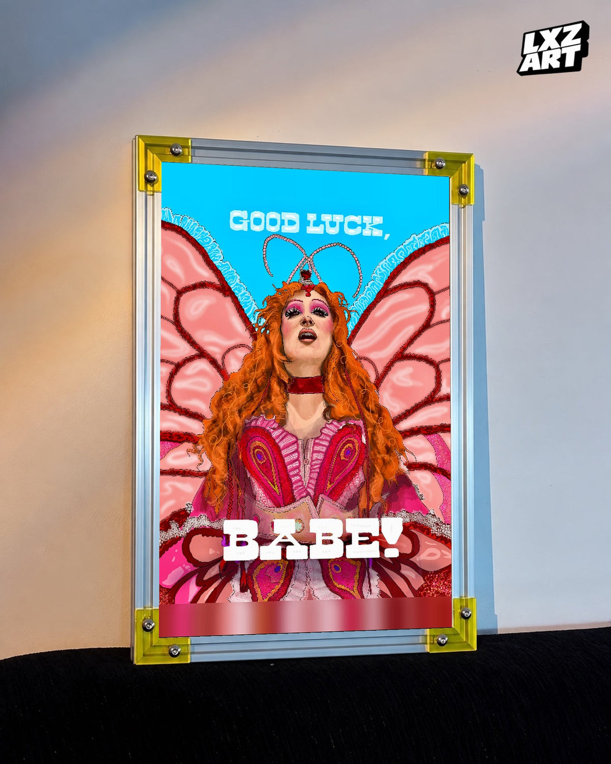 Chappell Roan Good Luck Babe Butterfly Portrait Poster displayed on a warm wall in a yellow corner frame; unframed print, frame not included