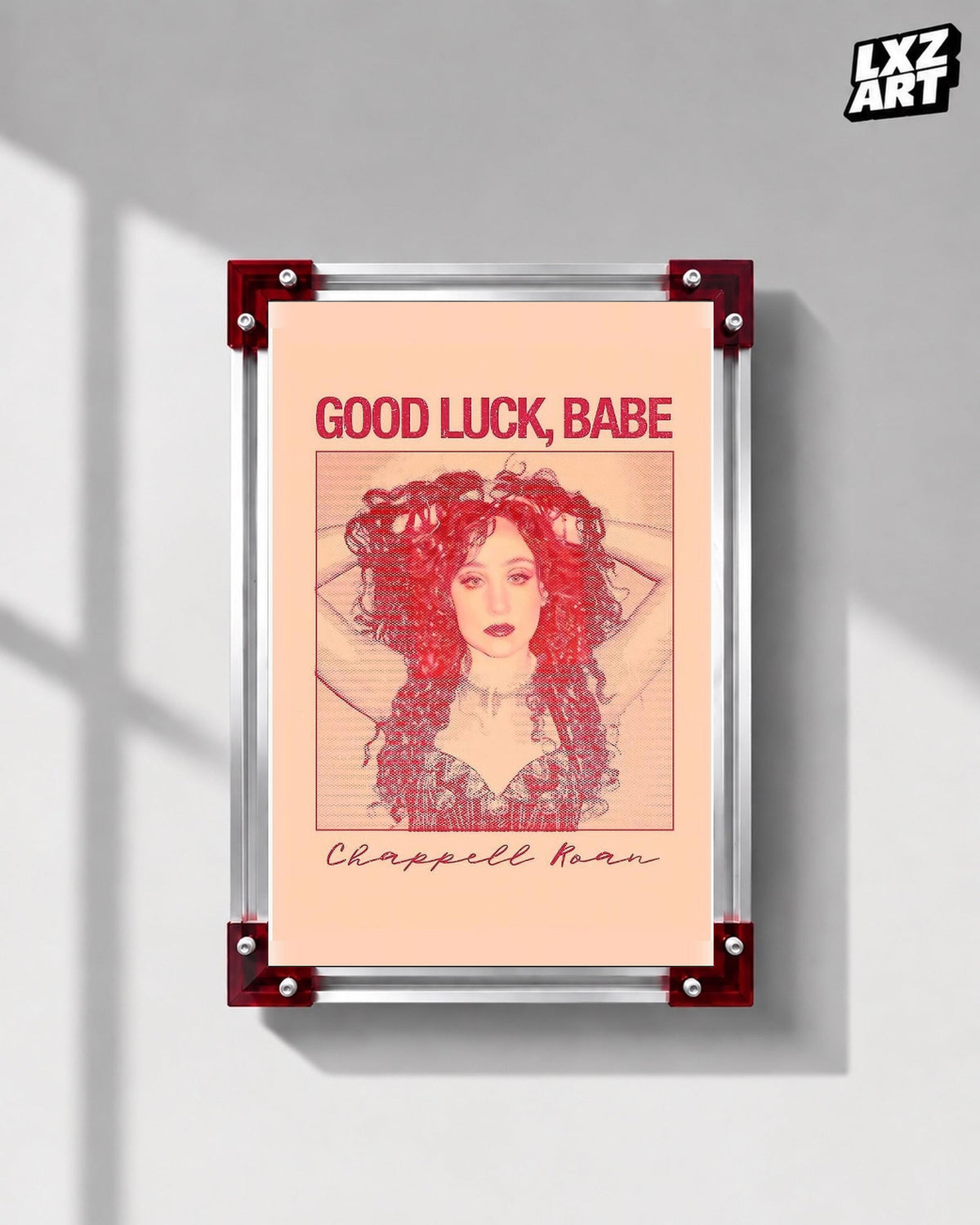 Chappell Roan Good Luck Babe Peach Duotone Portrait Poster displayed on a gray wall in a red corner frame; unframed print, frame not included