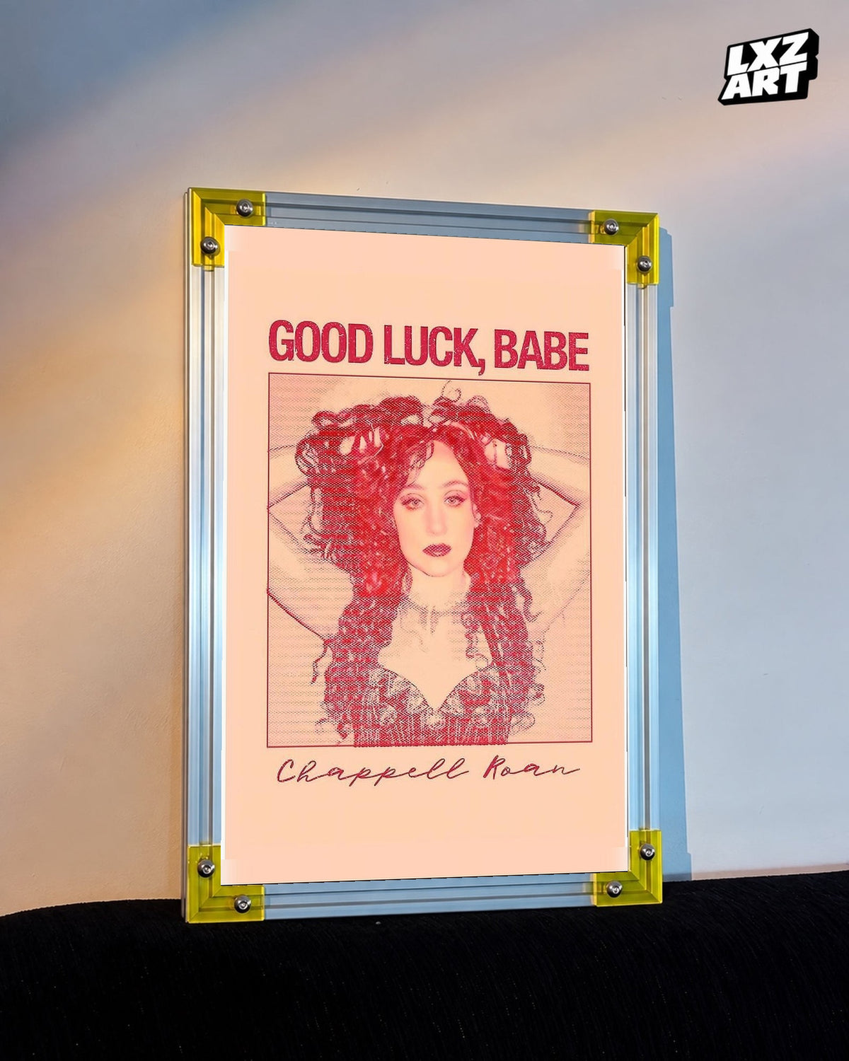 Chappell Roan Good Luck Babe Peach Duotone Portrait Poster displayed on a warm wall in a yellow corner frame; unframed print, frame not included