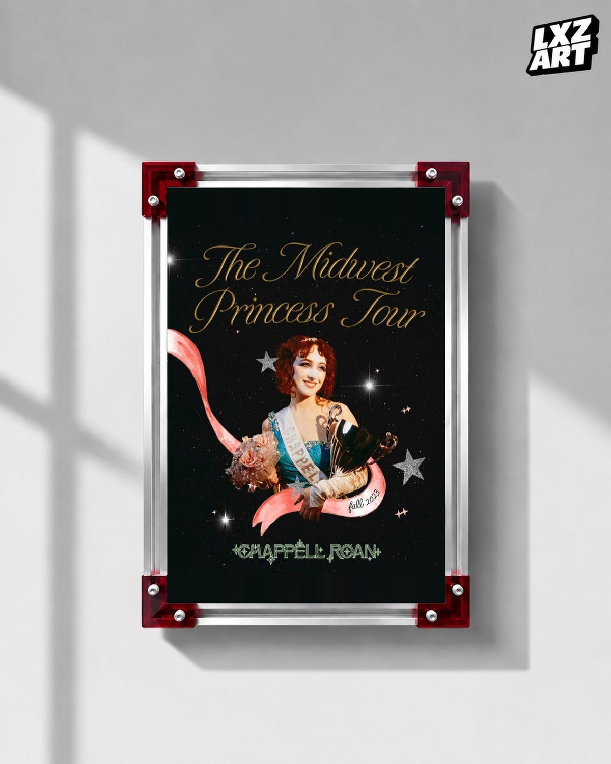 Chappell Roan Midwest Princess Fall 2023 Tour Poster displayed on a gray wall in a red corner frame; unframed print, frame not included