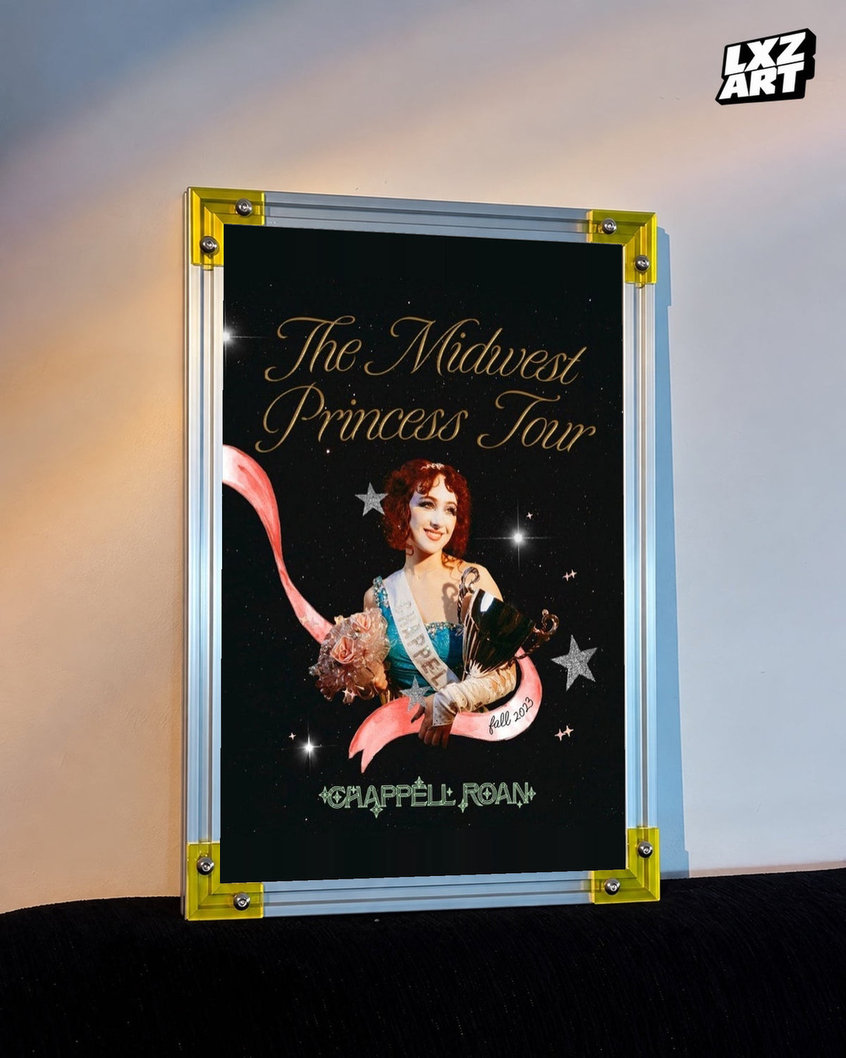 Chappell Roan Midwest Princess Fall 2023 Tour Poster displayed on a warm wall in a yellow corner frame; unframed print, frame not included