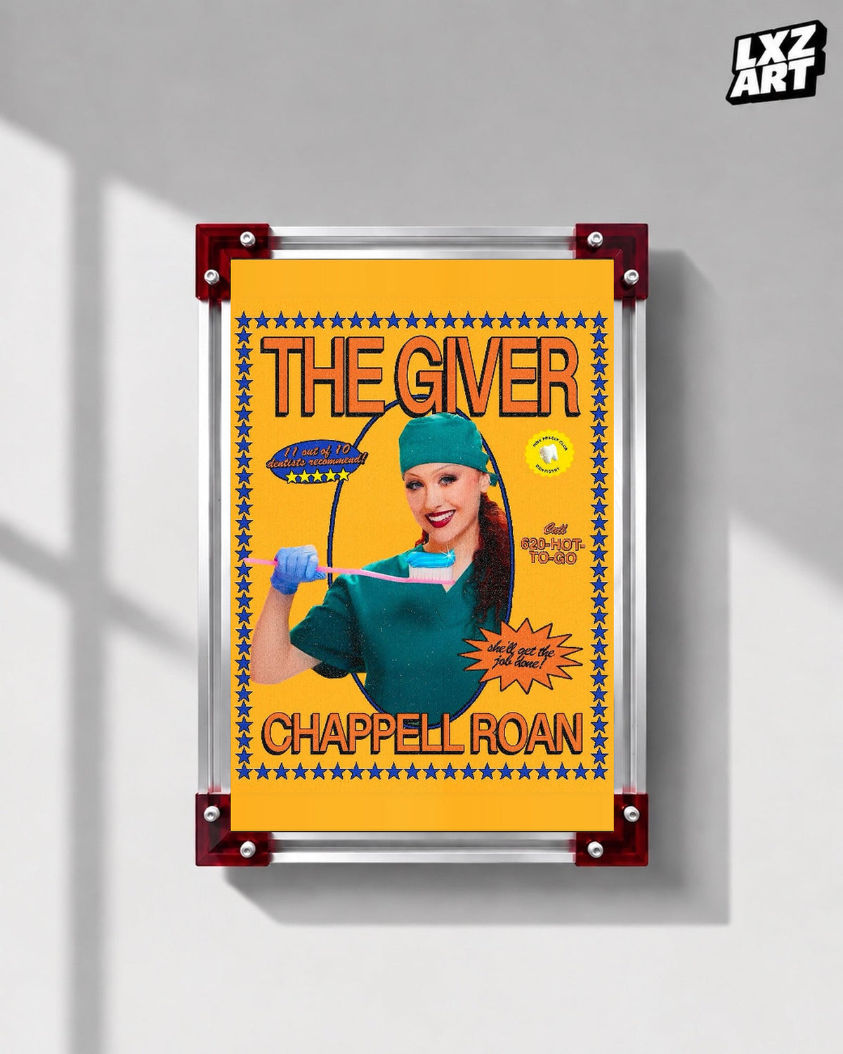 Chappell Roan The Giver Yellow Dentist Portrait Poster displayed on a gray wall in a red corner frame; unframed print, frame not included
