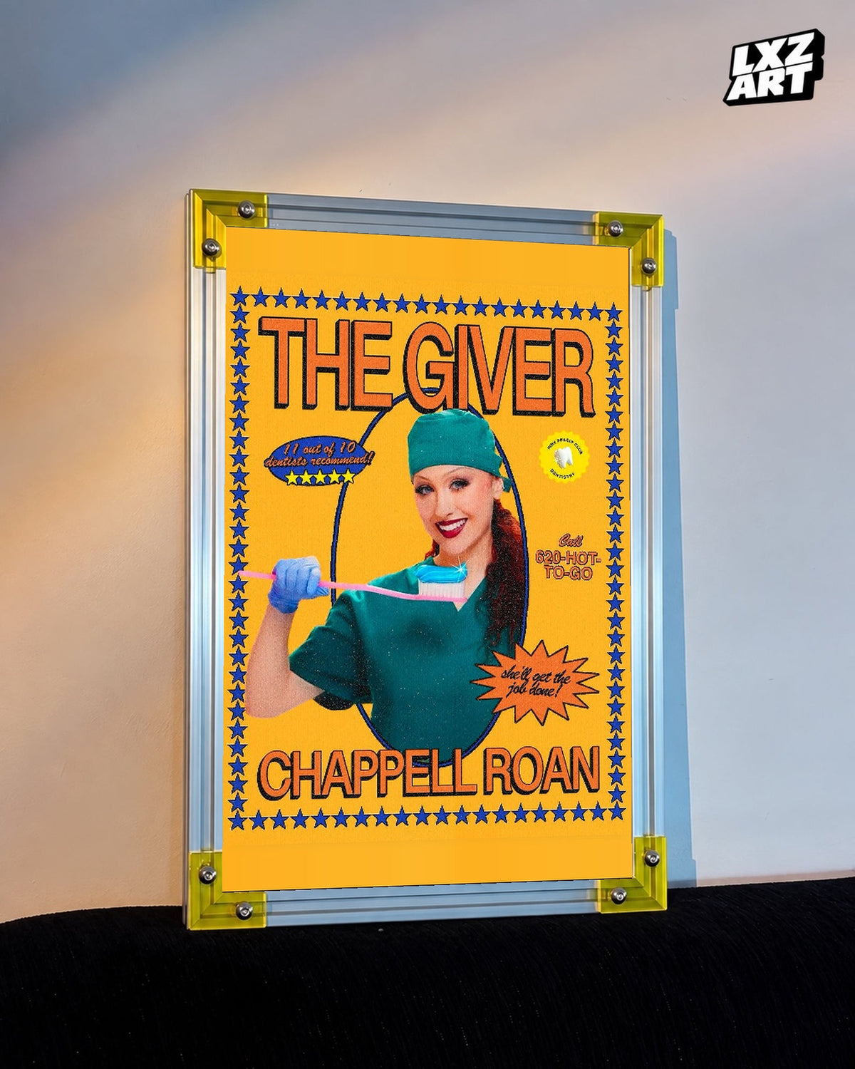 Chappell Roan The Giver Yellow Dentist Portrait Poster displayed on a warm wall in a yellow corner frame; unframed print, frame not included