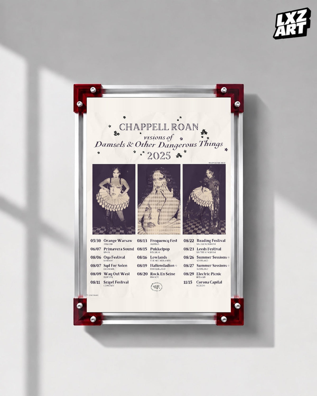 Chappell Roan Visions of Damsels 2025 Tour Collage Poster displayed on a gray wall in a red corner frame; unframed print, frame not included