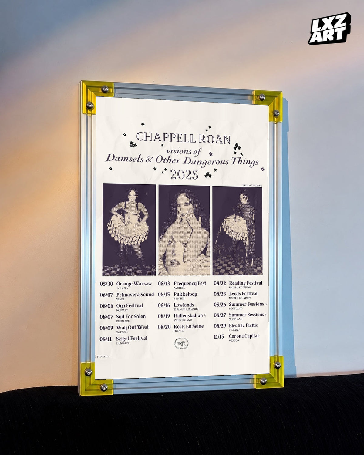 Chappell Roan Visions of Damsels 2025 Tour Collage Poster displayed on a warm wall in a yellow corner frame; unframed print, frame not included