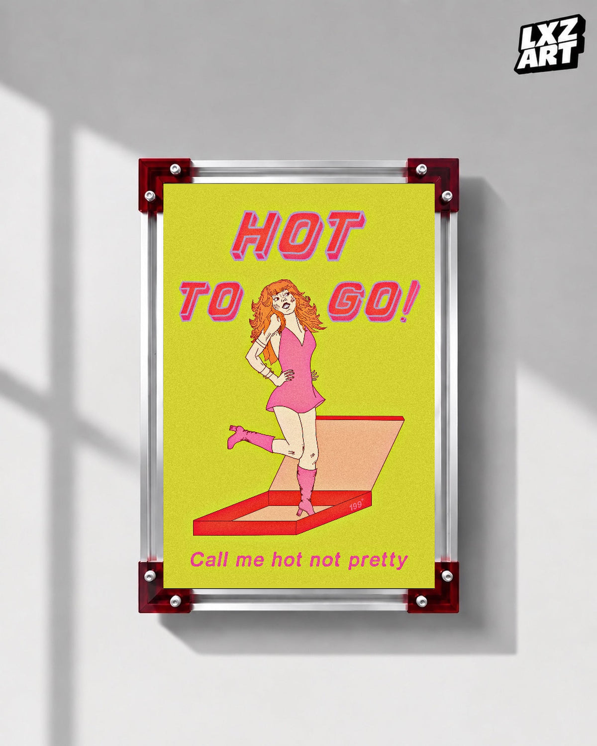 Chappell Roan Hot To Go Yellow Pink Illustration Poster displayed on a gray wall in a red corner frame; unframed print, frame not included
