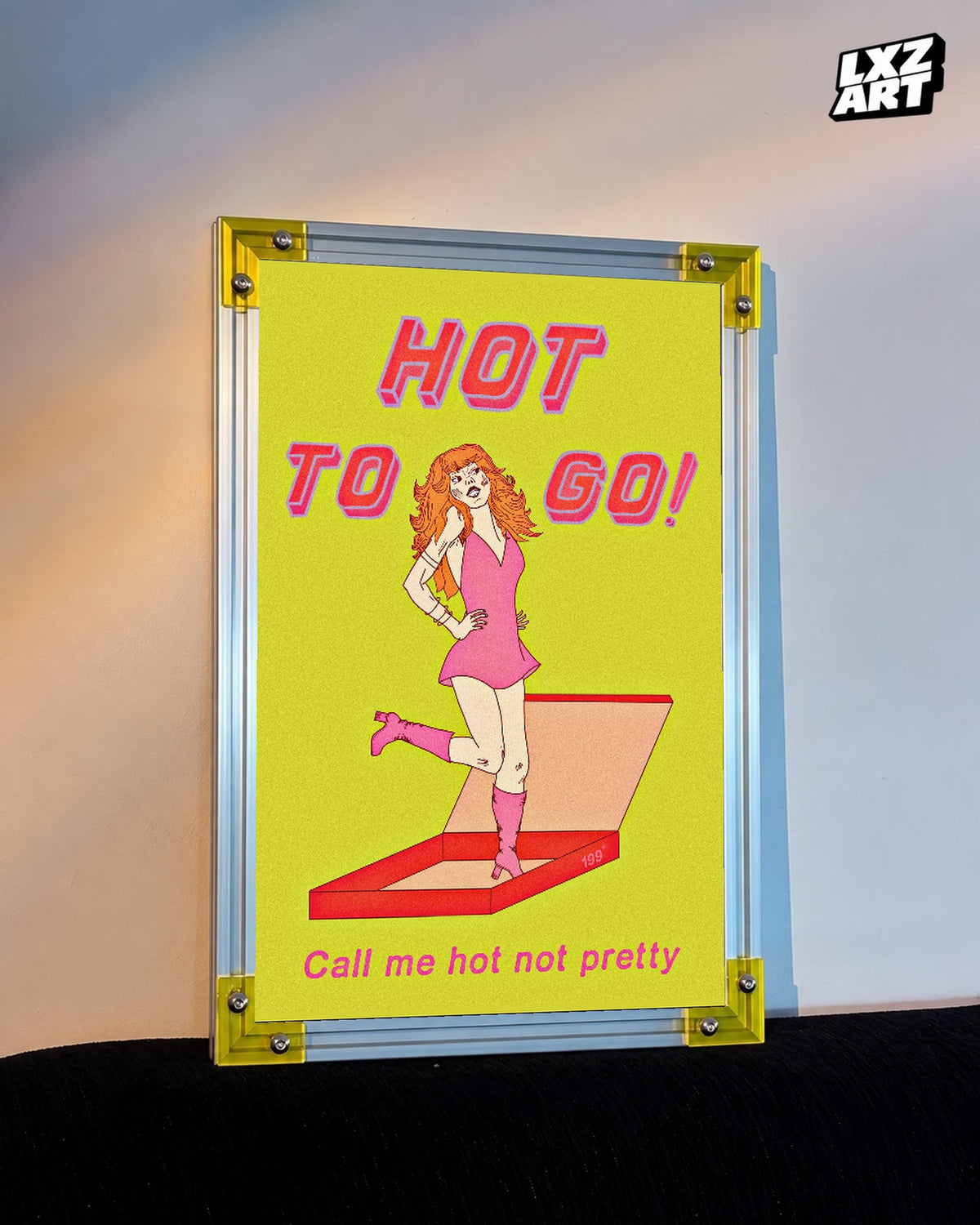 Chappell Roan Hot To Go Yellow Pink Illustration Poster displayed on a warm wall in a yellow corner frame; unframed print, frame not included