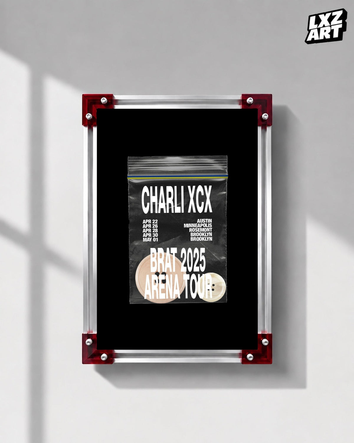 Charli xcx Brat 2025 US Tour Disc Graphic Poster displayed on a gray wall in a red corner frame; unframed print, frame not included
