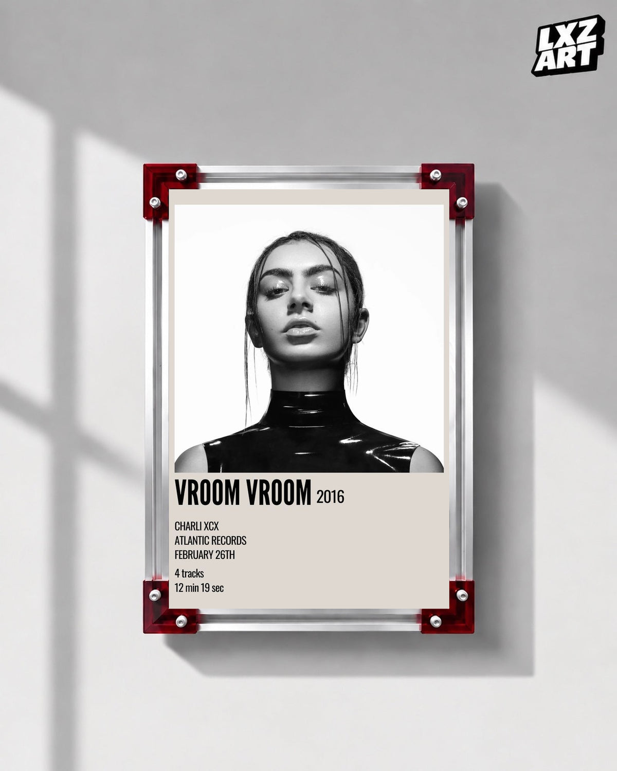 Charli xcx Vroom Vroom Monochrome Portrait Poster displayed on a gray wall in a red corner frame; unframed print, frame not included