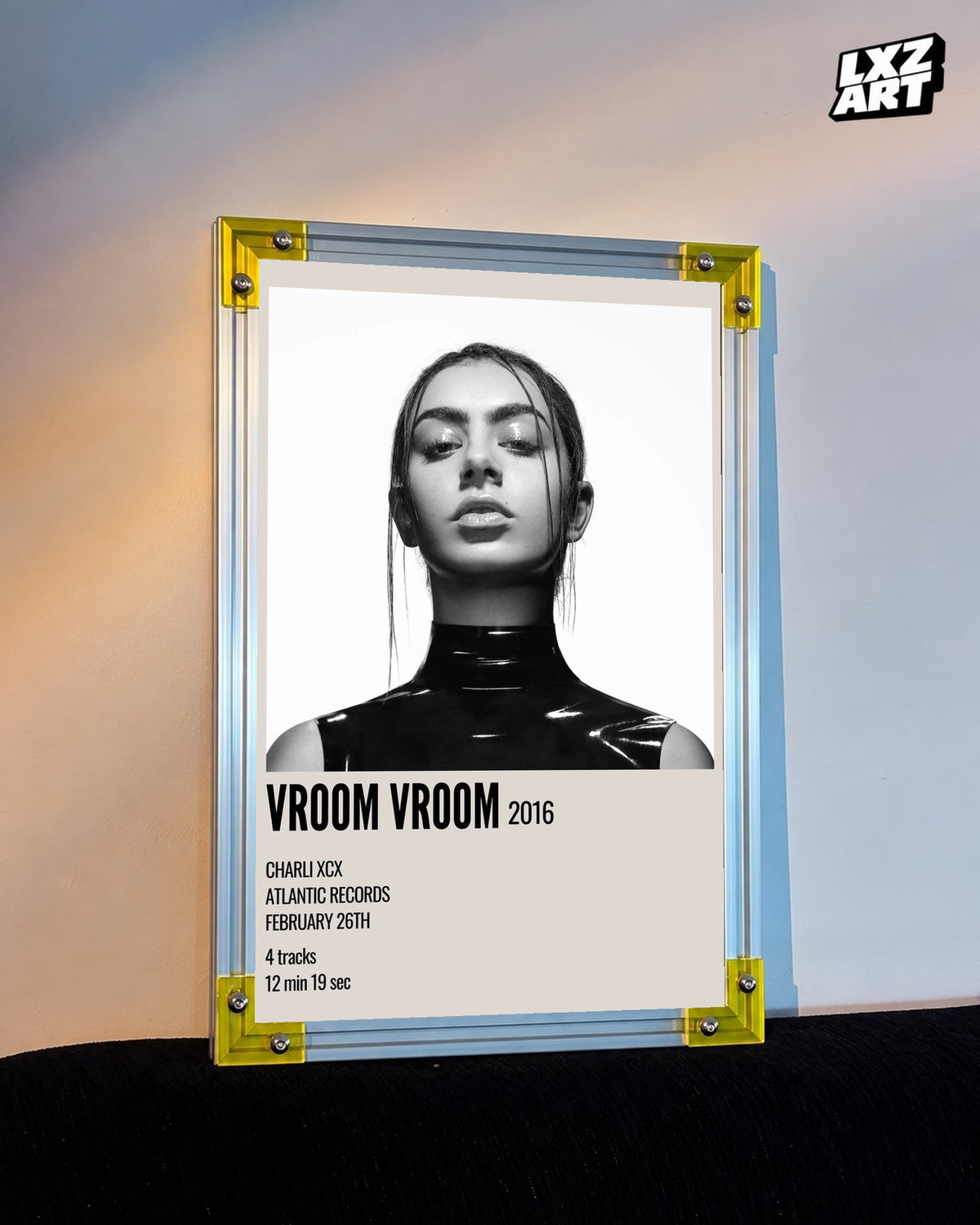 Charli xcx Vroom Vroom Monochrome Portrait Poster displayed on a warm wall in a yellow corner frame; unframed print, frame not included
