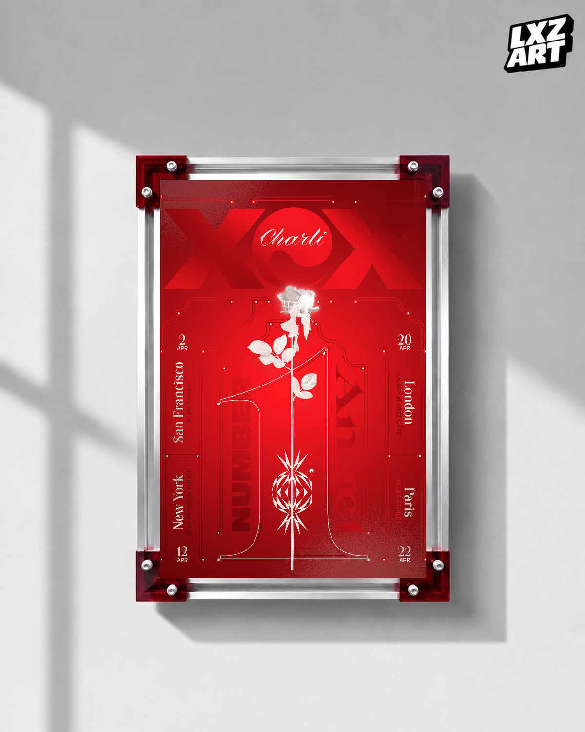 Charli xcx Number 1 Angel Red Rose Tour Poster displayed on a gray wall in a red corner frame; unframed print, frame not included