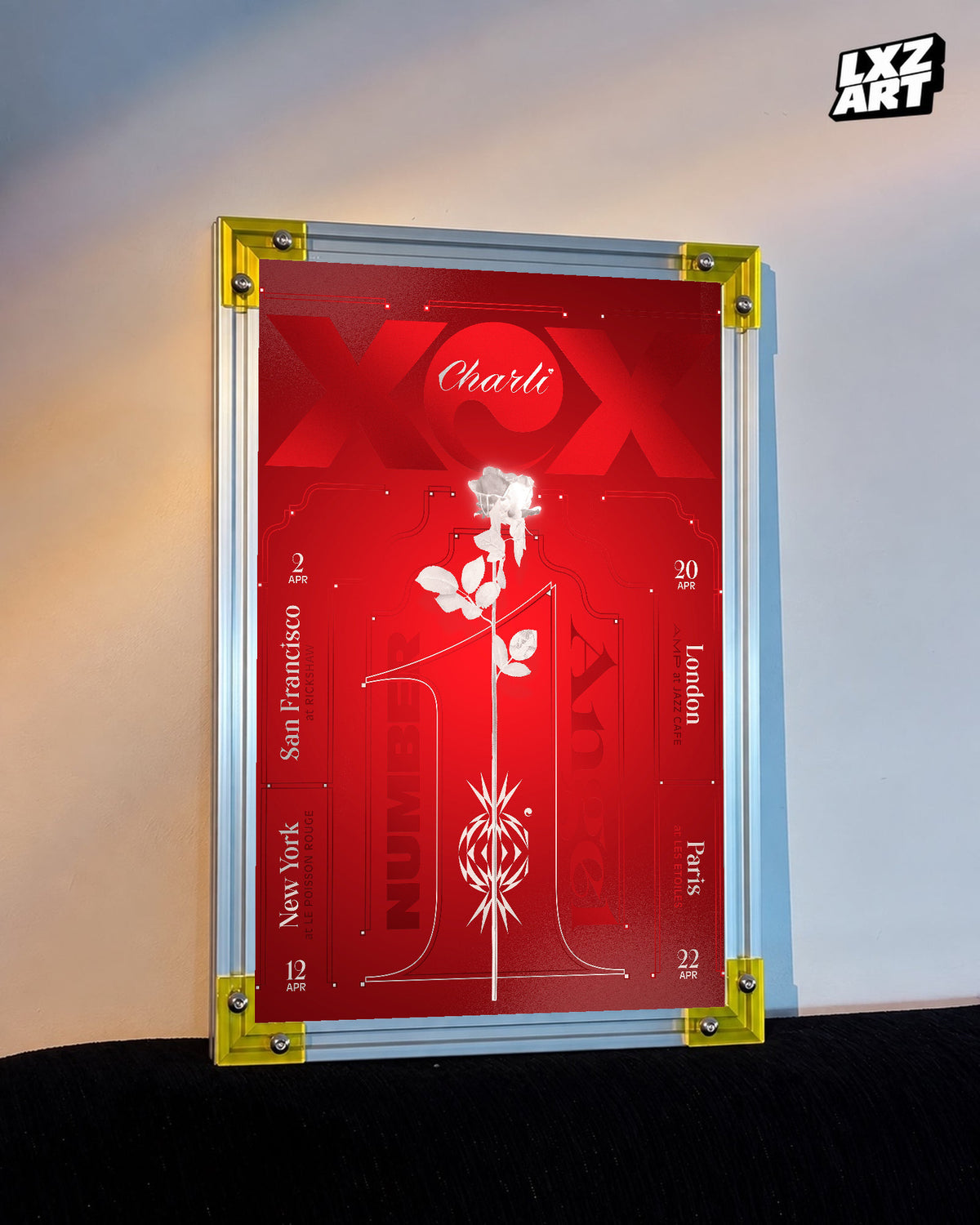 Charli xcx Number 1 Angel Red Rose Tour Poster displayed on a warm wall in a yellow corner frame; unframed print, frame not included