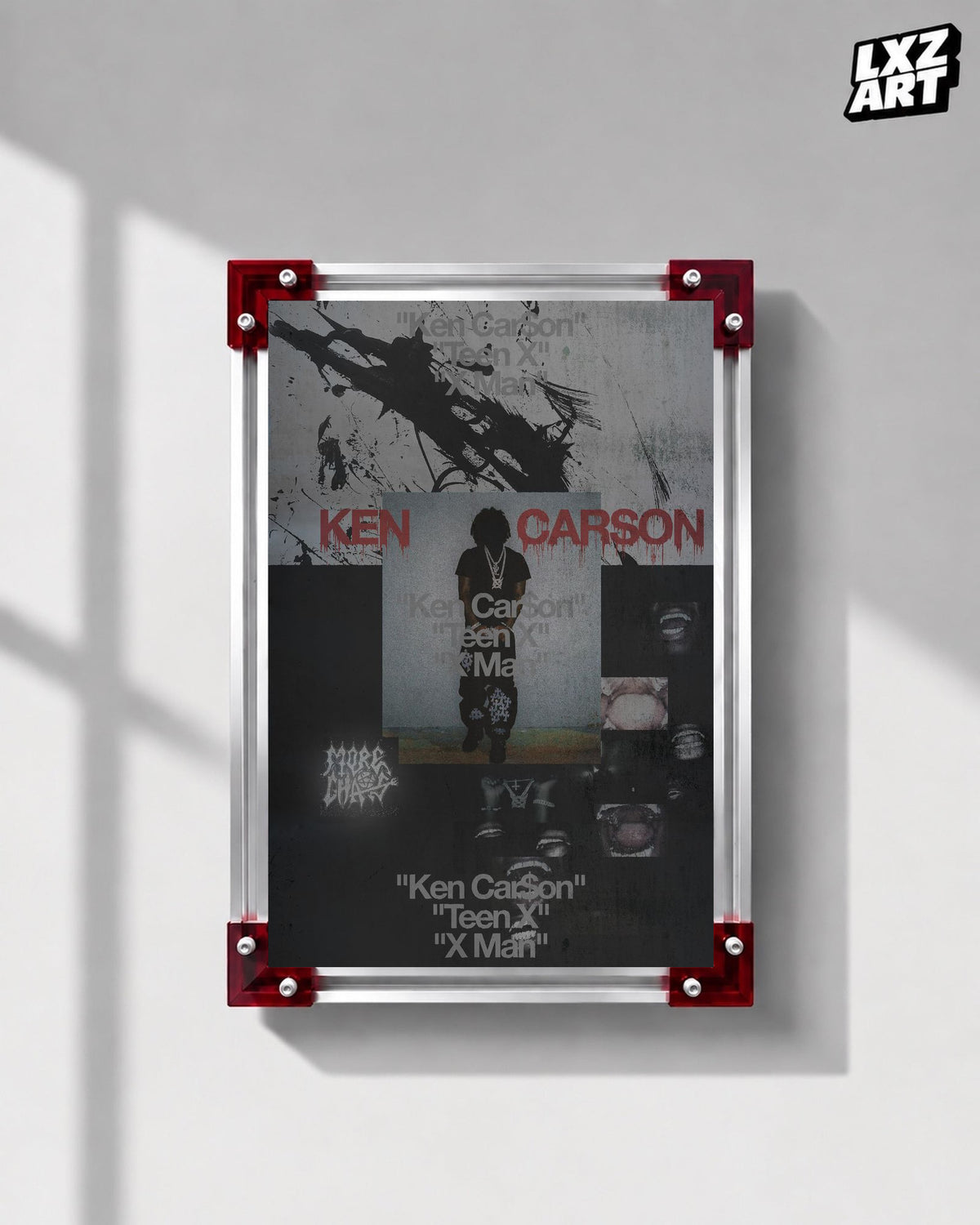 Ken Carson More Chaos Gray and Red Portrait Collage Poster displayed on a gray wall in a red corner frame; unframed print, frame not included
