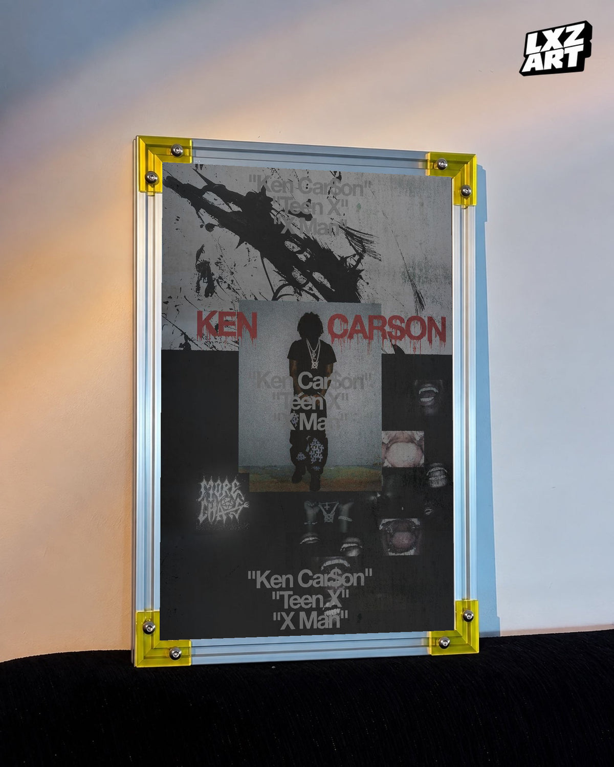 Ken Carson More Chaos Gray and Red Portrait Collage Poster displayed on a warm wall in a yellow corner frame; unframed print, frame not included