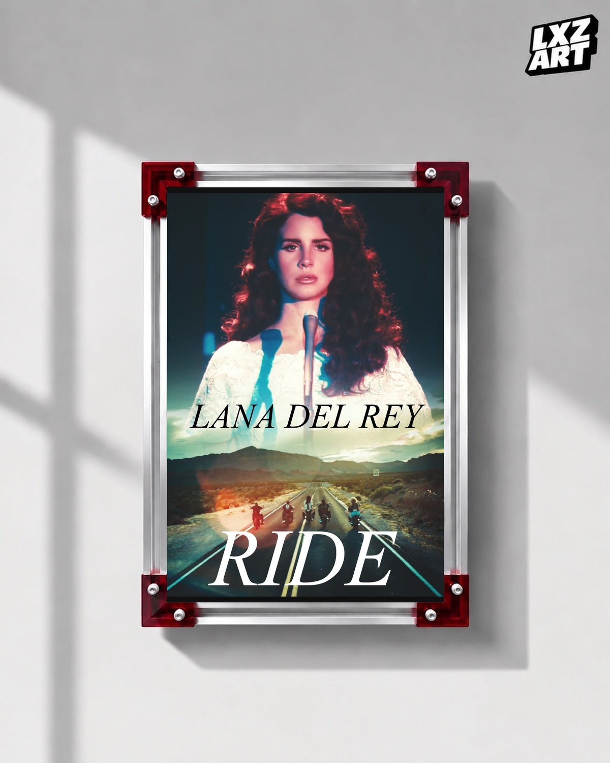 Lana Del Rey Ride Cinematic Road Collage Poster displayed on a gray wall in a red corner frame; unframed print, frame not included
