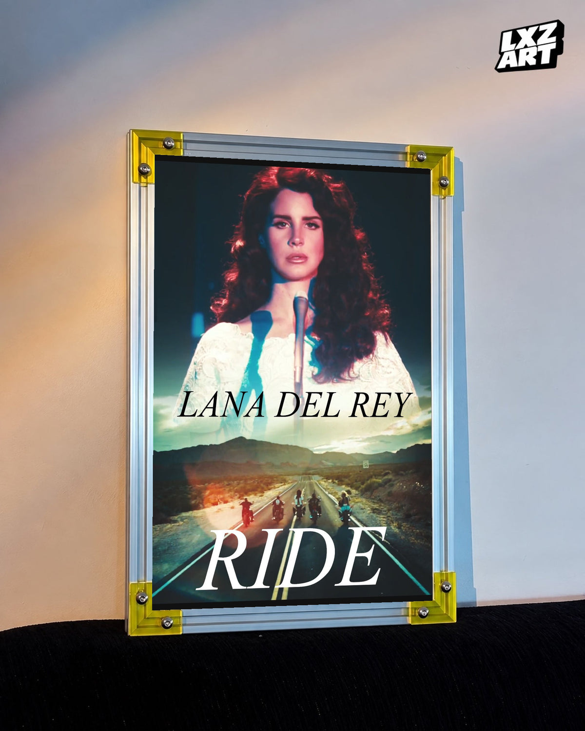 Lana Del Rey Ride Cinematic Road Collage Poster displayed on a warm wall in a yellow corner frame; unframed print, frame not included