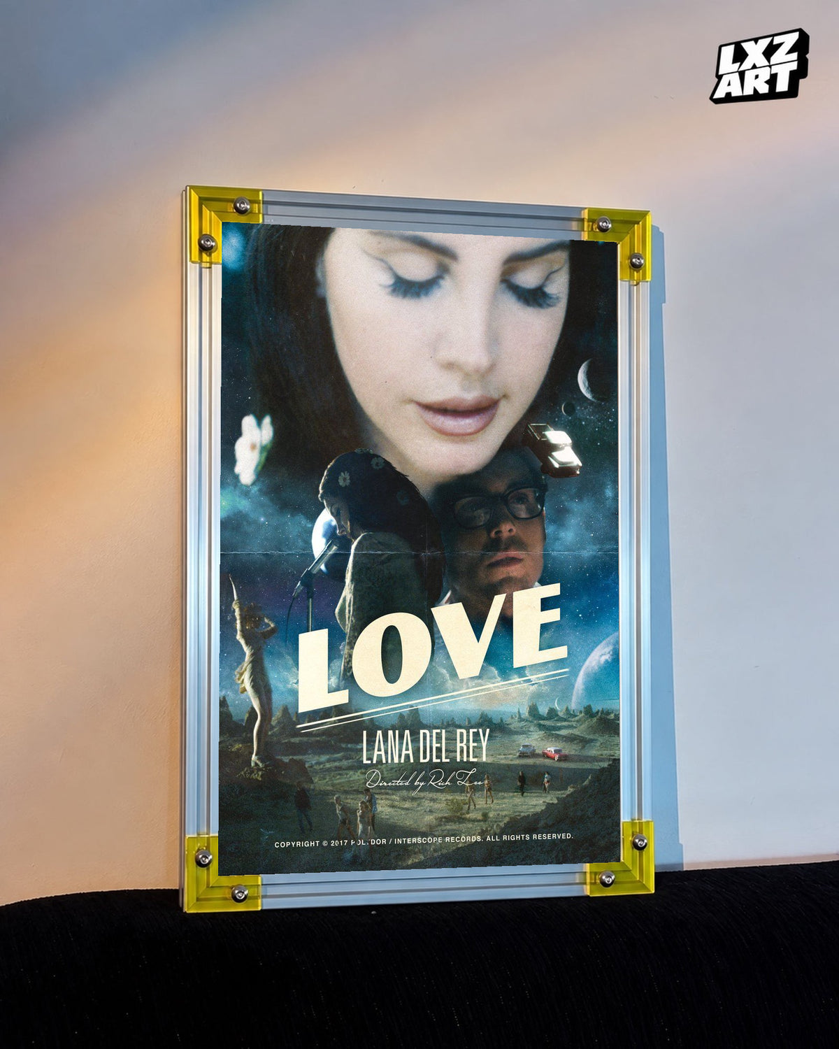 Lana Del Rey Love Cinematic Portrait Collage Poster displayed on a warm wall in a yellow corner frame; unframed print, frame not included