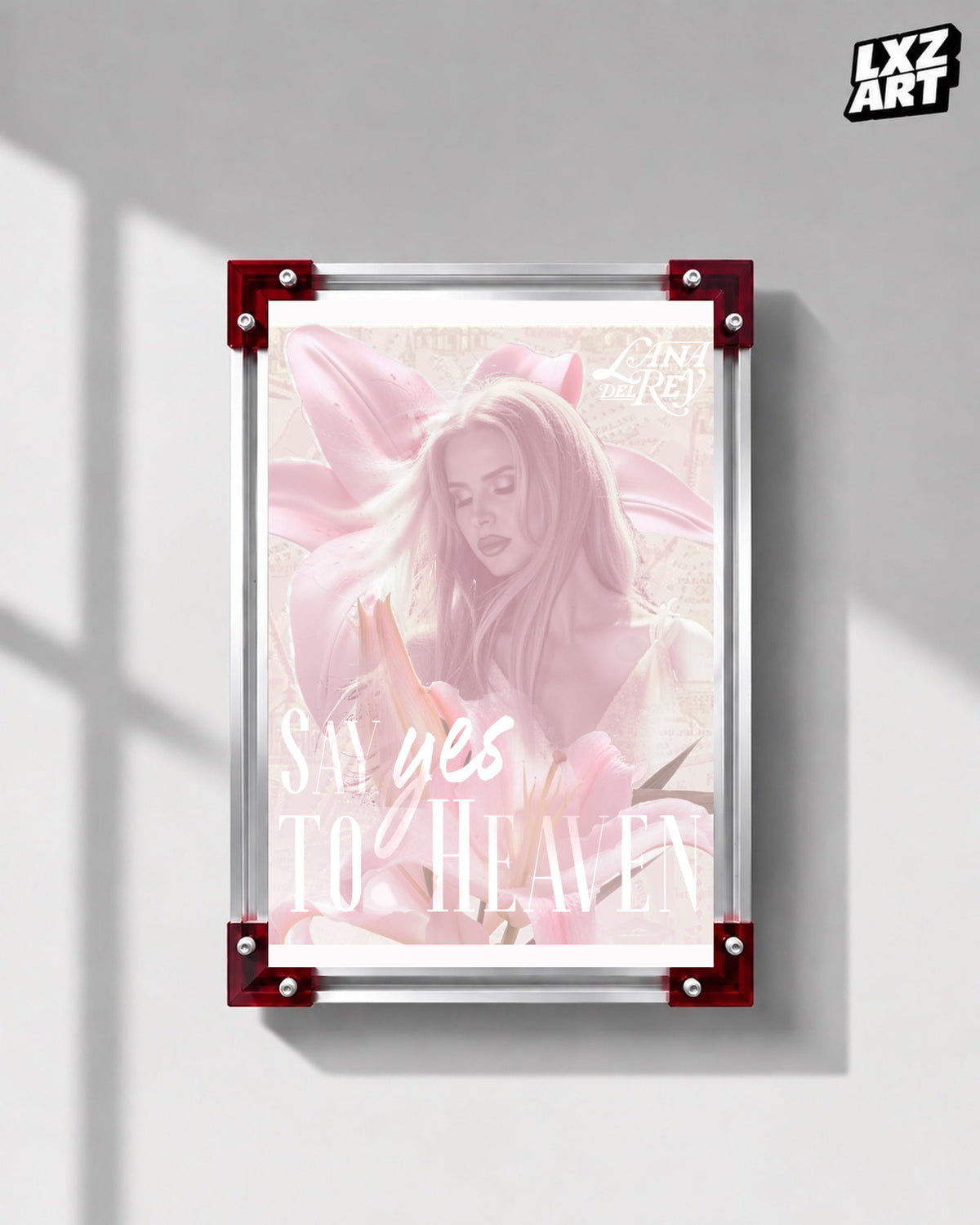 Lana Del Rey Say Yes to Heaven Pink Star Portrait Poster displayed on a gray wall in a red corner frame; unframed print, frame not included
