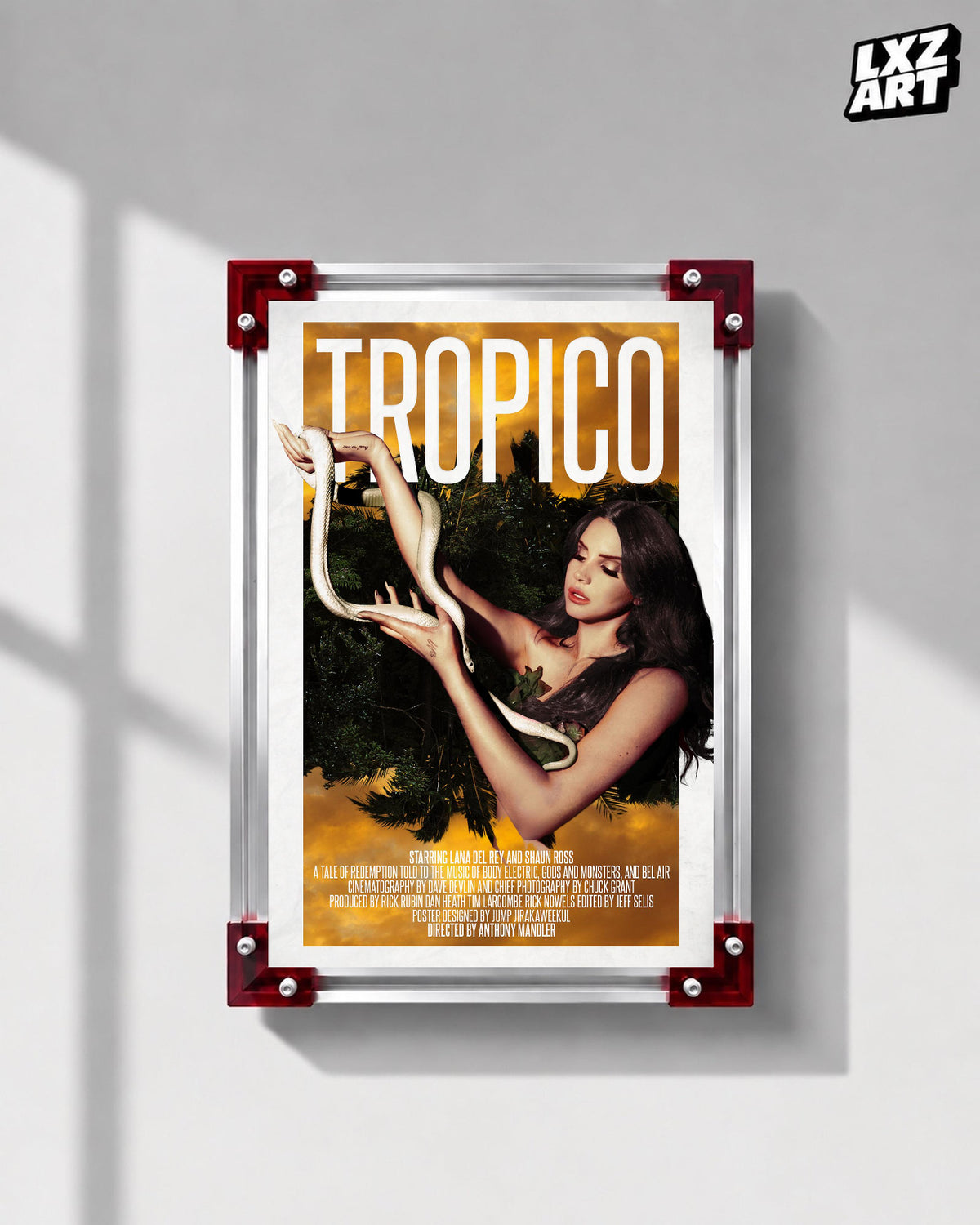 Lana Del Rey Tropico Snake Portrait Film Poster displayed on a gray wall in a red corner frame; unframed print, frame not included