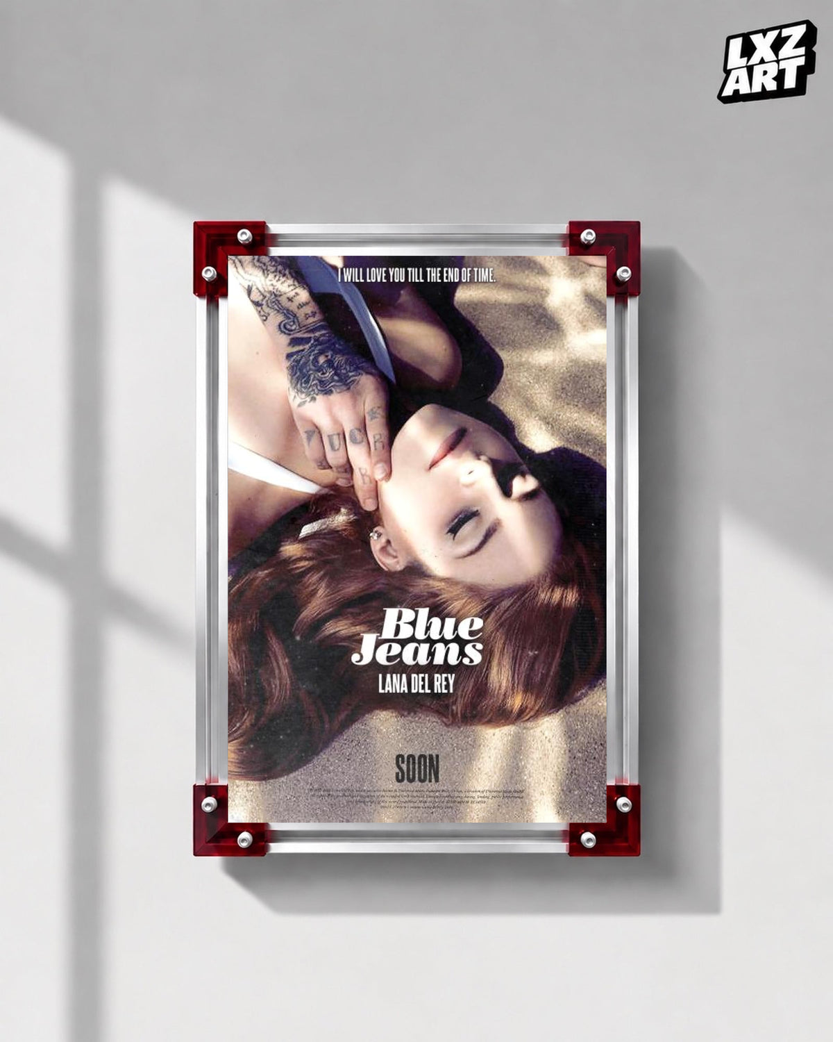 Lana Del Rey Blue Jeans Warm Portrait Poster displayed on a gray wall in a red corner frame; unframed print, frame not included