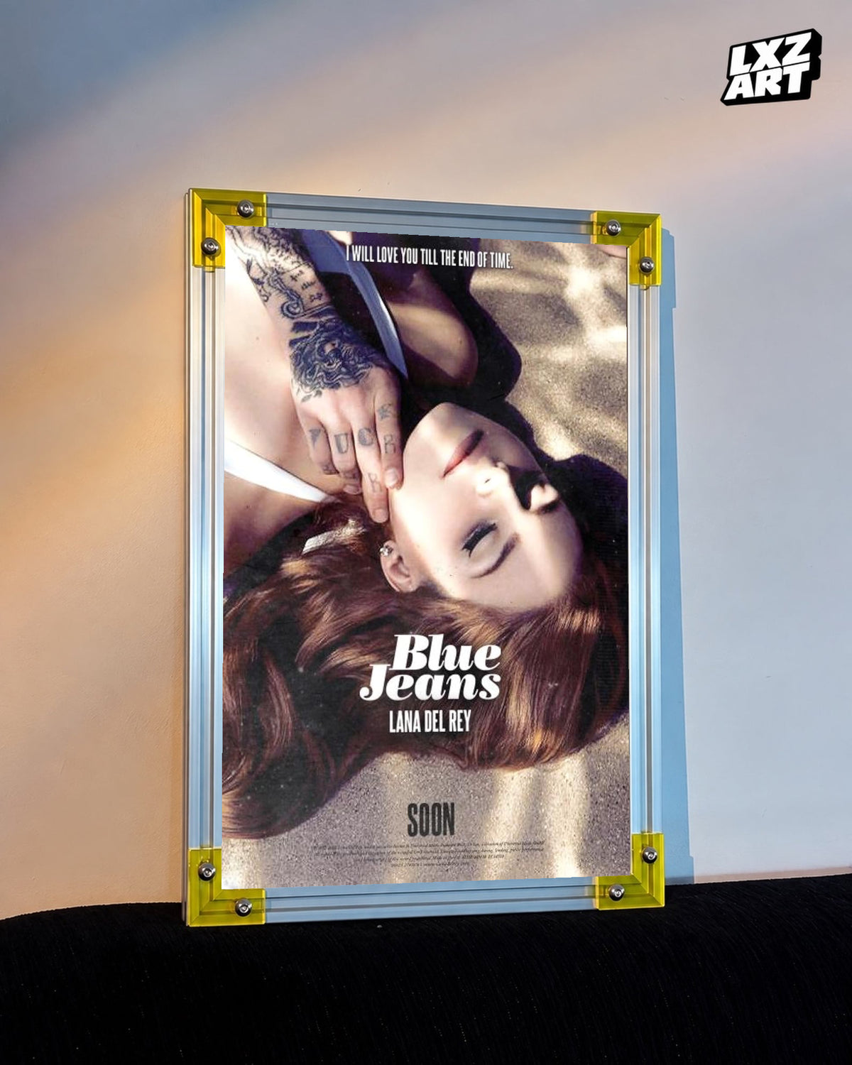 Lana Del Rey Blue Jeans Warm Portrait Poster displayed on a warm wall in a yellow corner frame; unframed print, frame not included