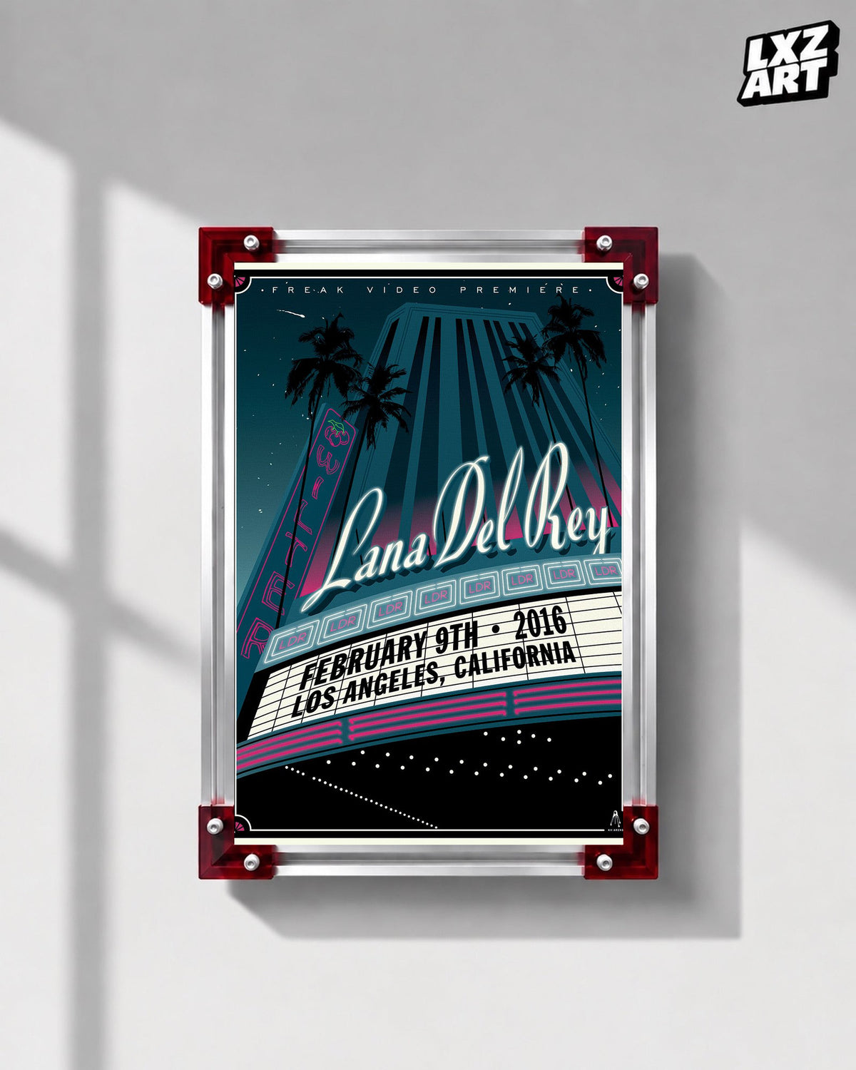 Lana Del Rey Freak Video Premiere Art Deco Poster displayed on a gray wall in a red corner frame; unframed print, frame not included