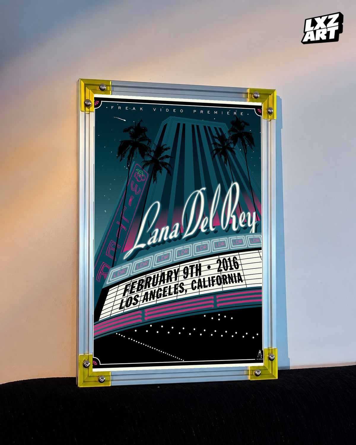 Lana Del Rey Freak Video Premiere Art Deco Poster displayed on a warm wall in a yellow corner frame; unframed print, frame not included