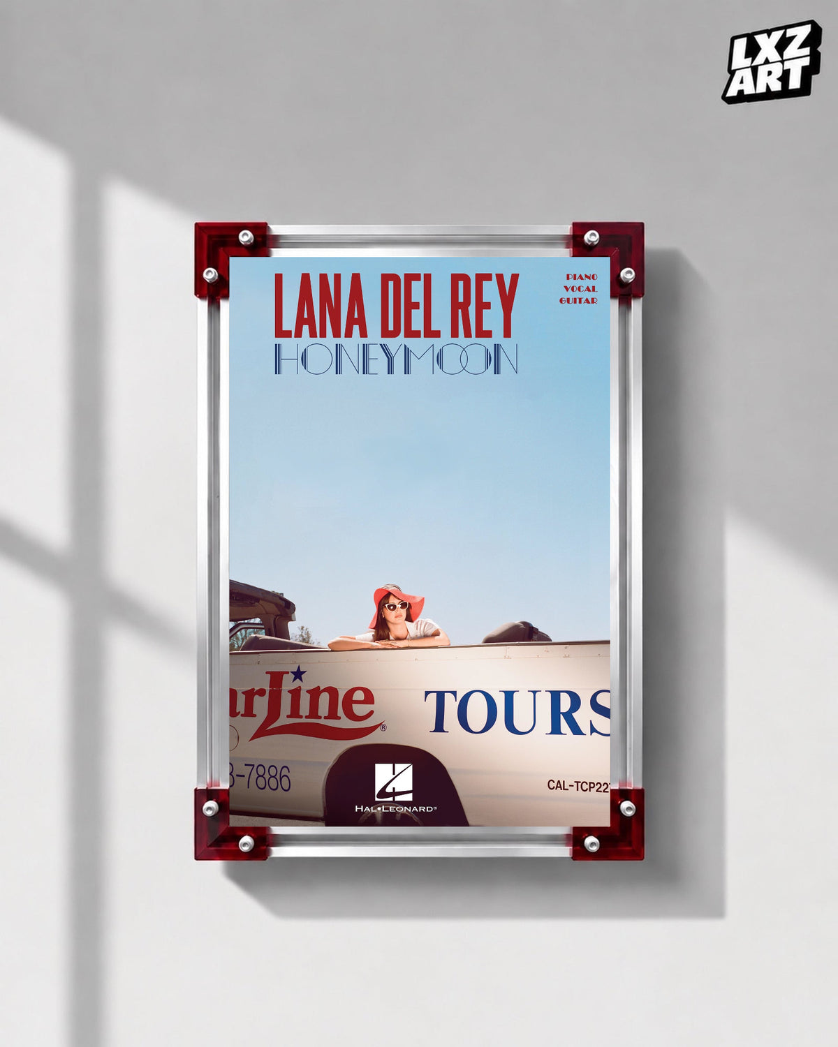 Lana Del Rey Honeymoon Blue Sky Songbook Cover Poster displayed on a gray wall in a red corner frame; unframed print, frame not included