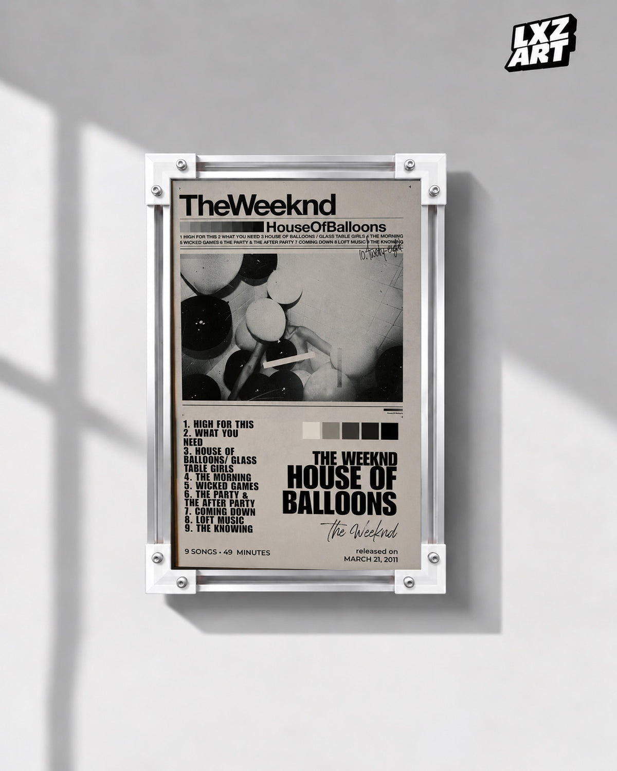 The Weeknd House of Balloons Tracklist Poster — gray wall front view; frame for display only