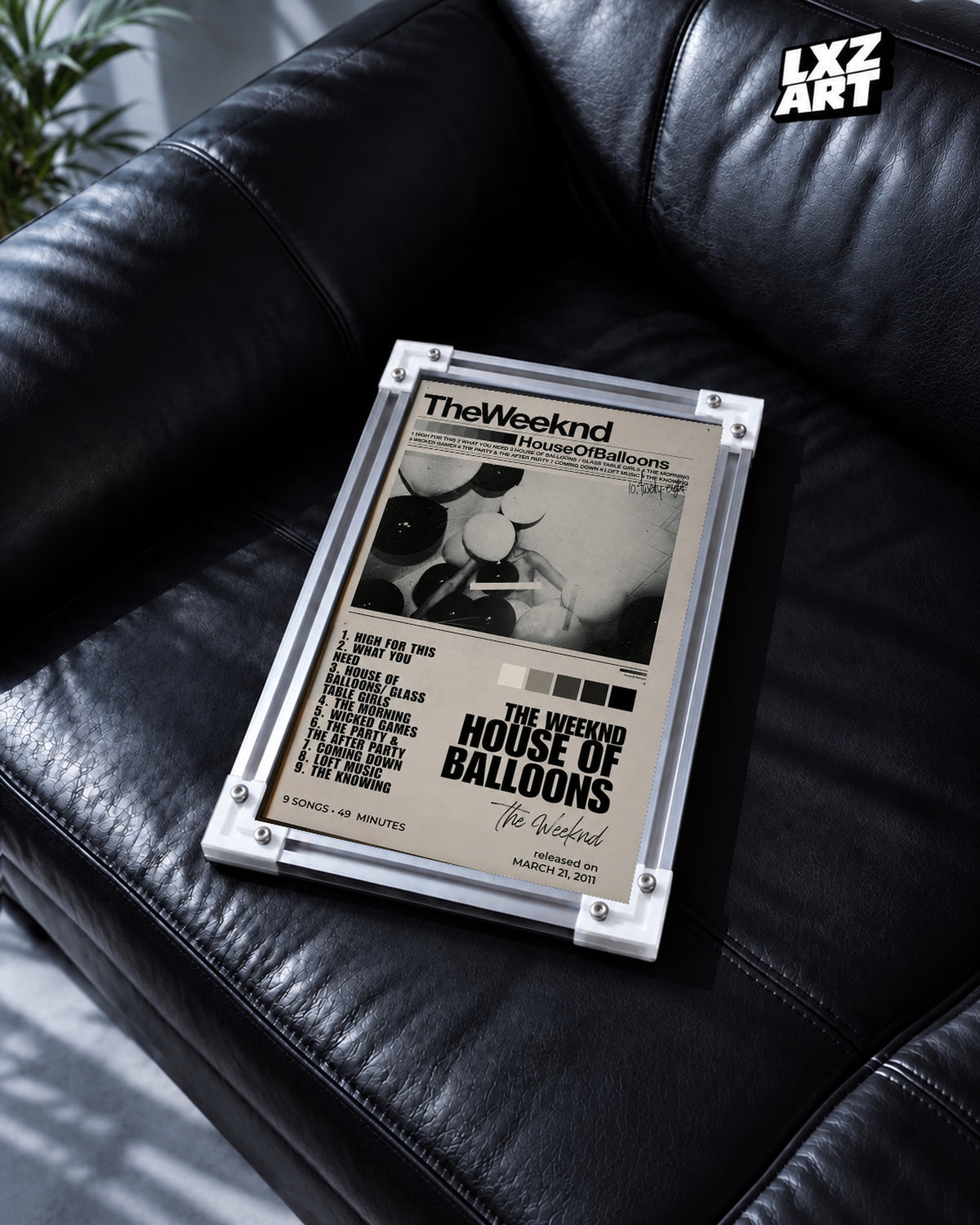 The Weeknd House of Balloons Tracklist Poster — black leather sofa; frame for display only