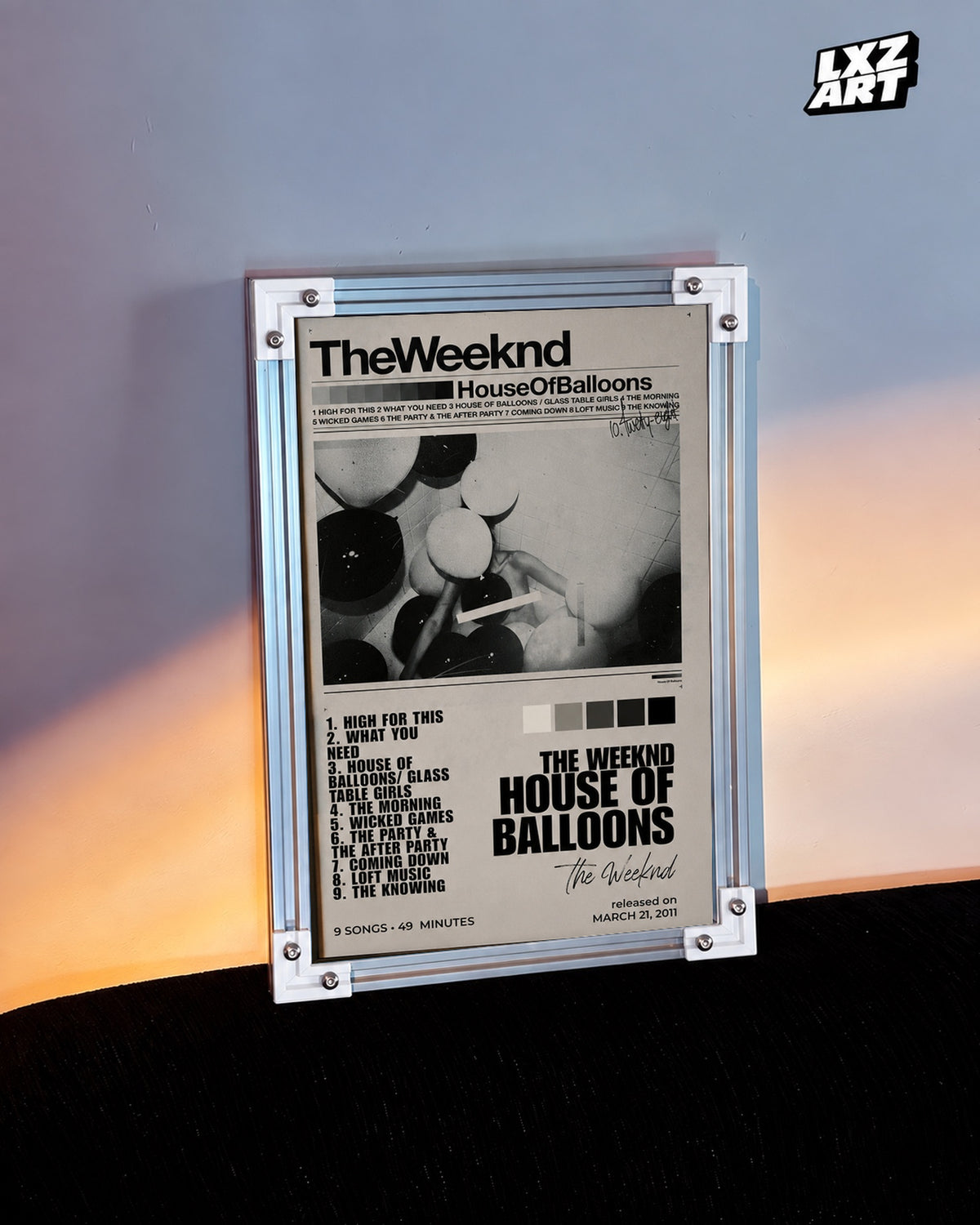 The Weeknd House of Balloons Tracklist Poster — warm light wall; frame for display only