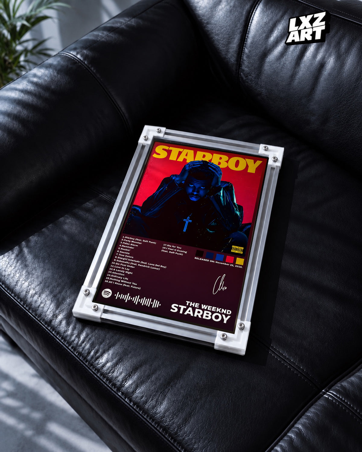 The Weeknd Starboy Tracklist Poster — black leather sofa; frame for display only