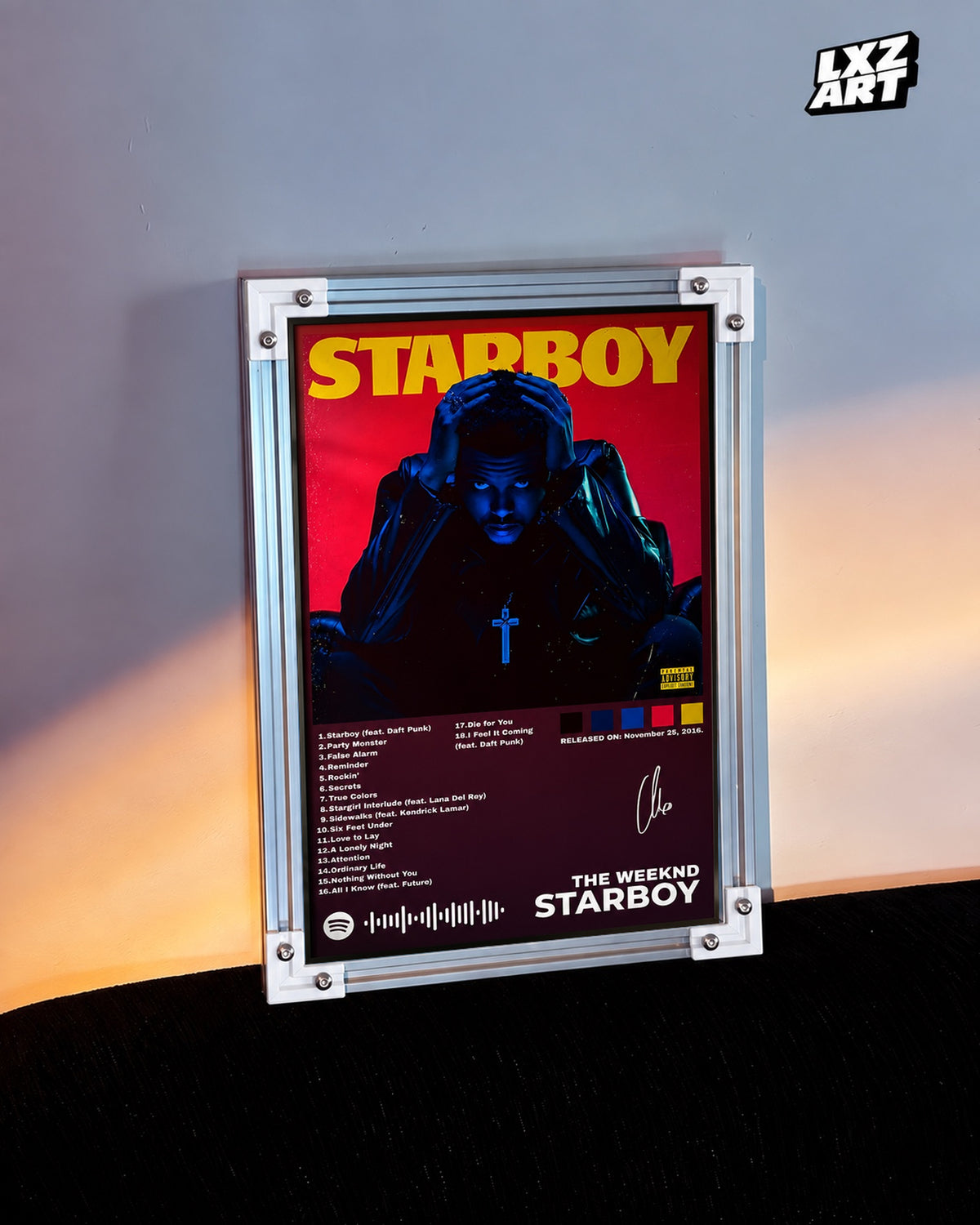 The Weeknd Starboy Tracklist Poster — warm light wall; frame for display only