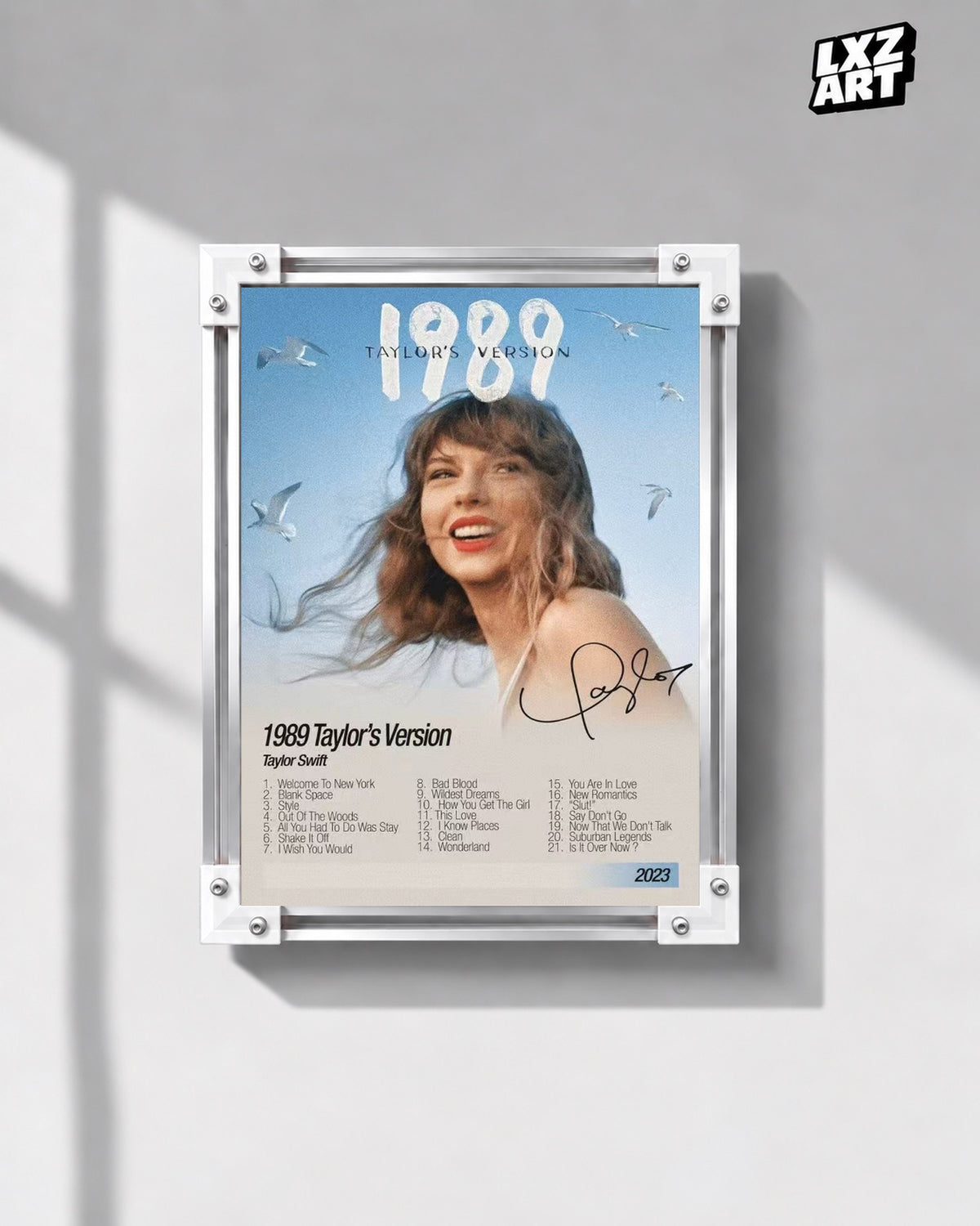 Taylor Swift 1989 (Taylor's Version) Blue Sky Tracklist Poster — gray wall front view; frame for display only