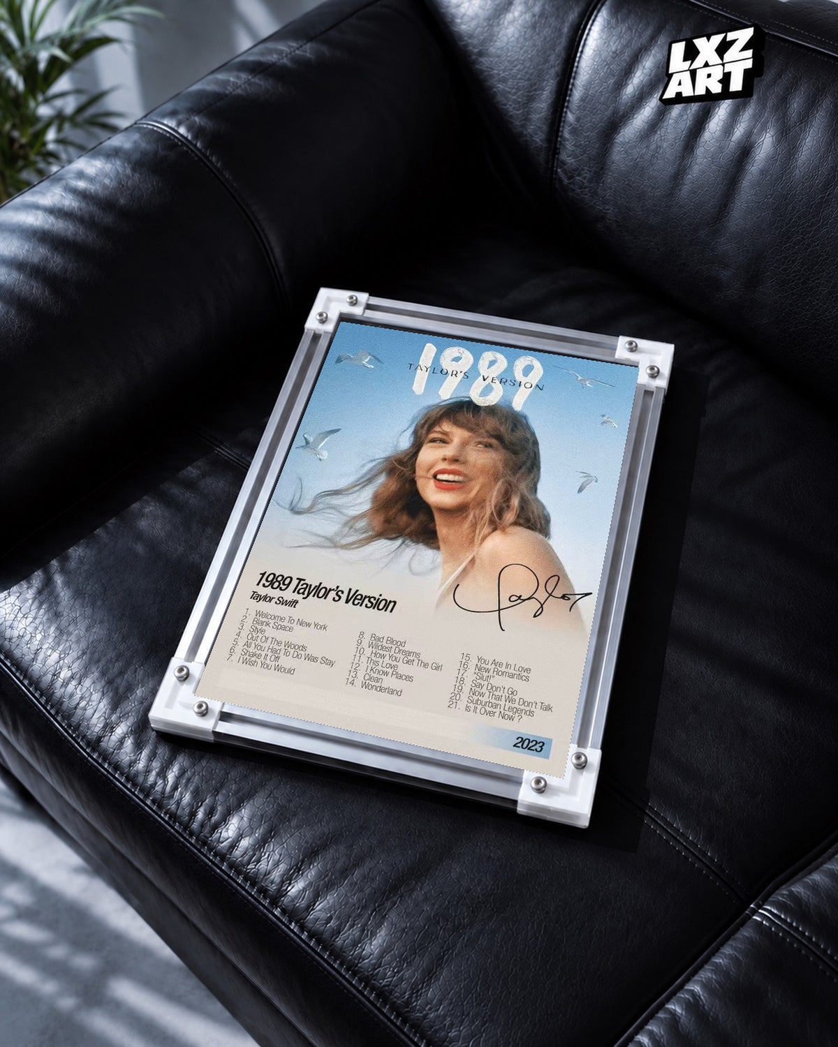 Taylor Swift 1989 (Taylor's Version) Blue Sky Tracklist Poster — black leather sofa; frame for display only