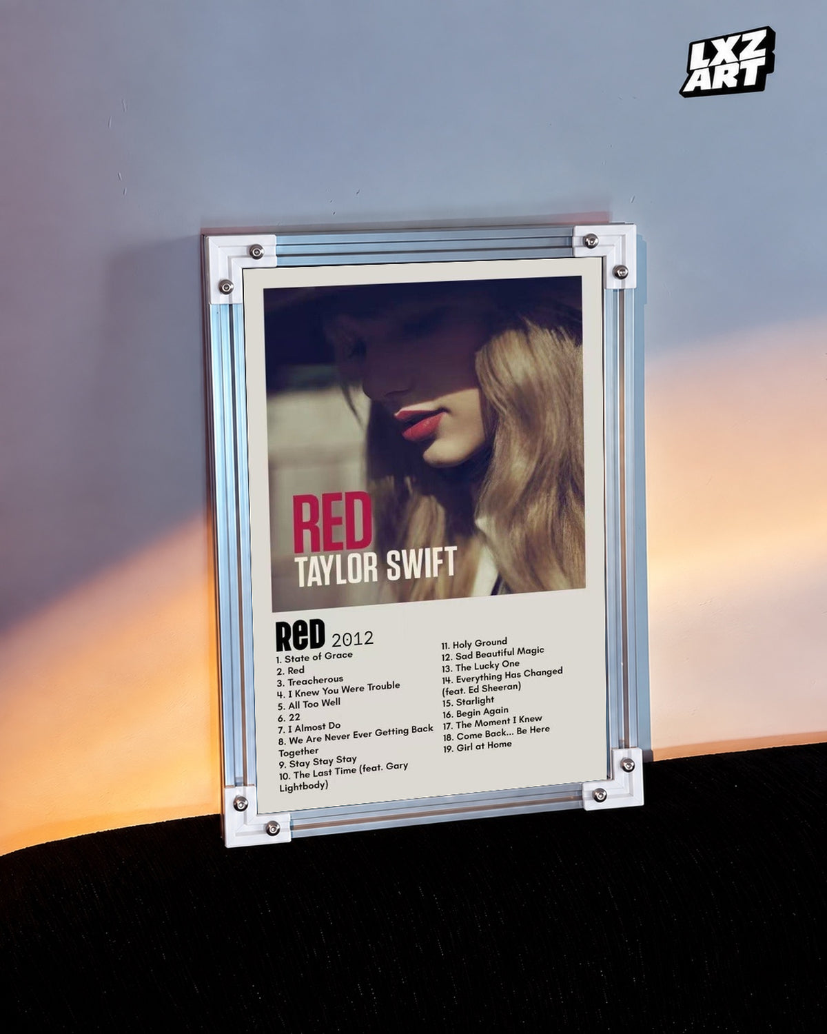 Taylor Swift Red Tracklist Poster — warm light wall; frame for display only