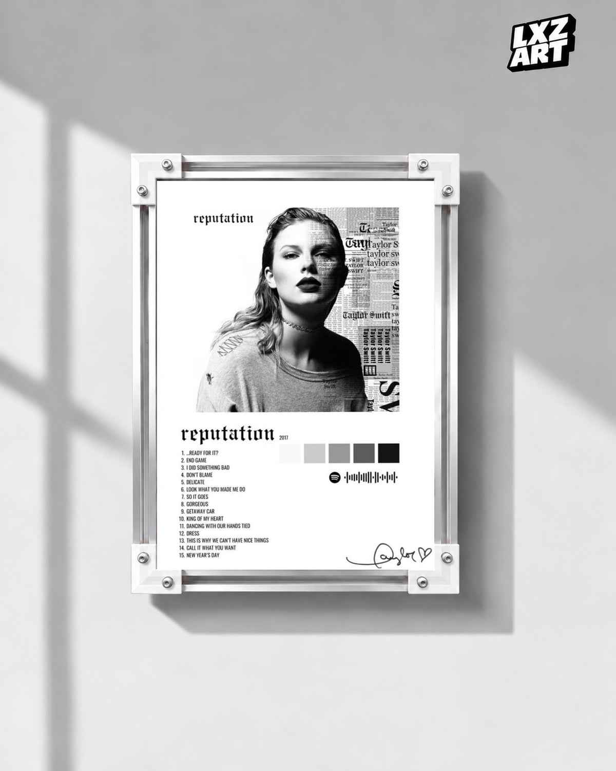 Taylor Swift reputation Tracklist Poster — gray wall front view; frame for display only