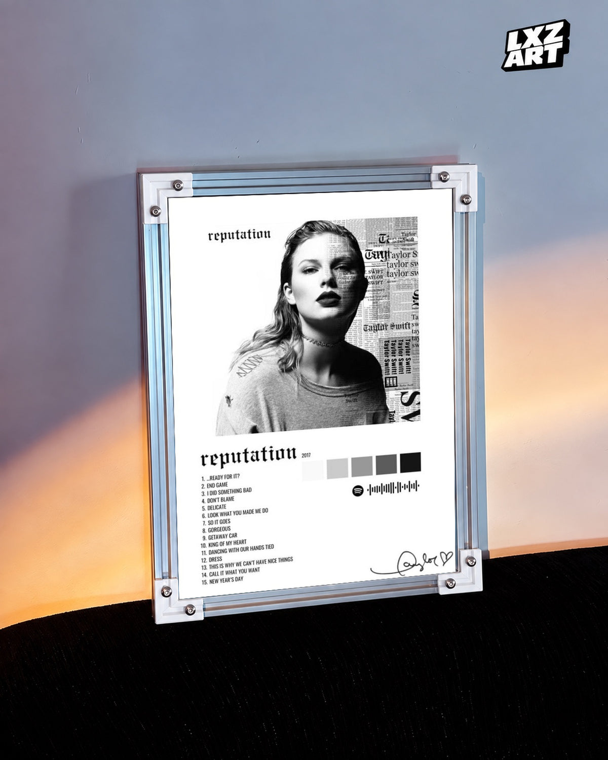 Taylor Swift reputation Tracklist Poster — warm light wall; frame for display only