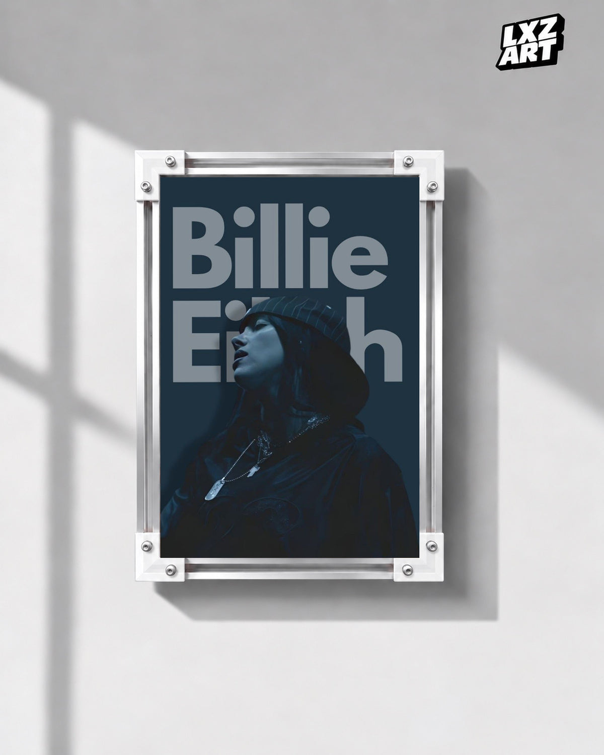 Billie Eilish Blue Portrait Poster — gray wall front view; frame for display only